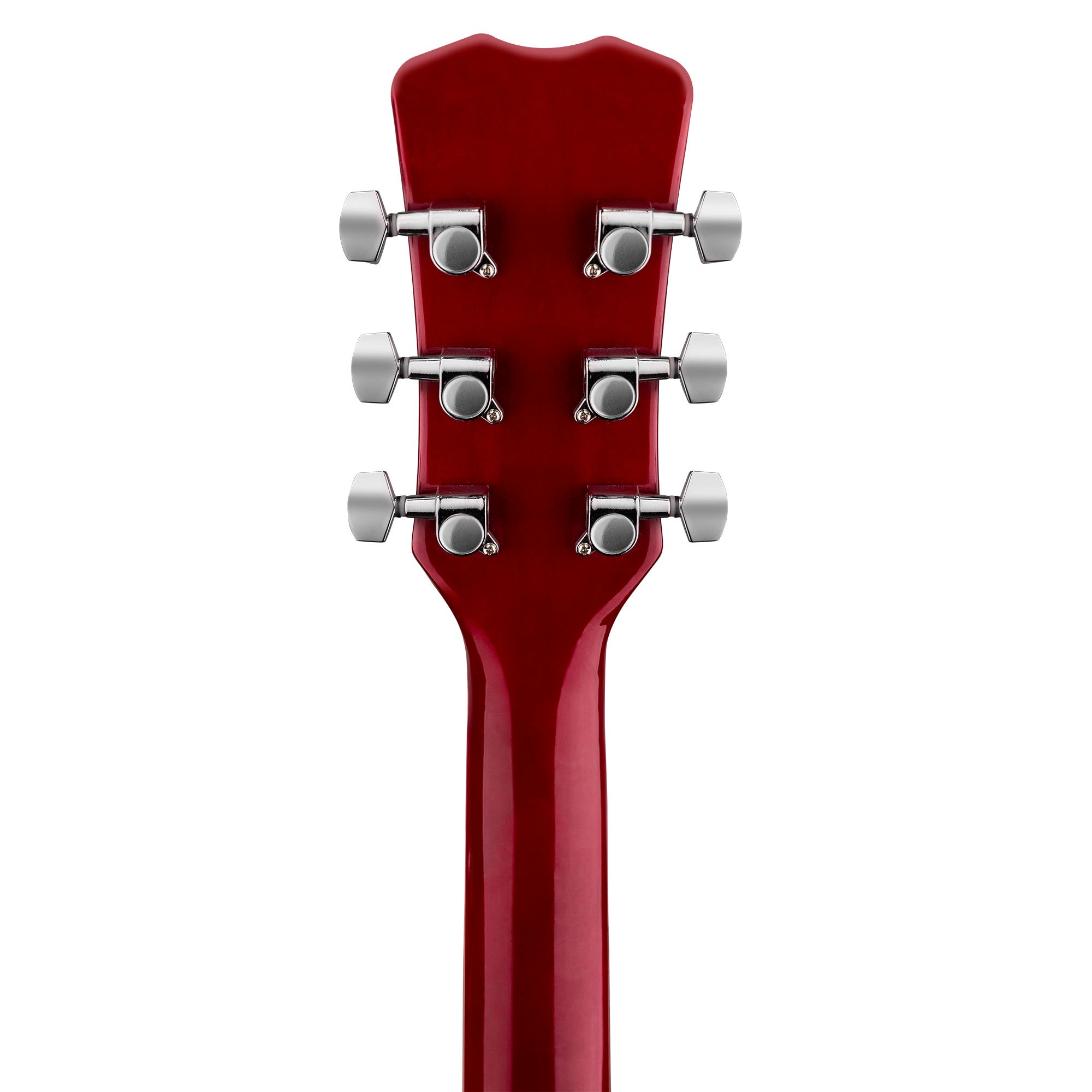 Primer plano del clavijero rojo de una guitarra con seis clavijas cromadas sobre fondo blanco.