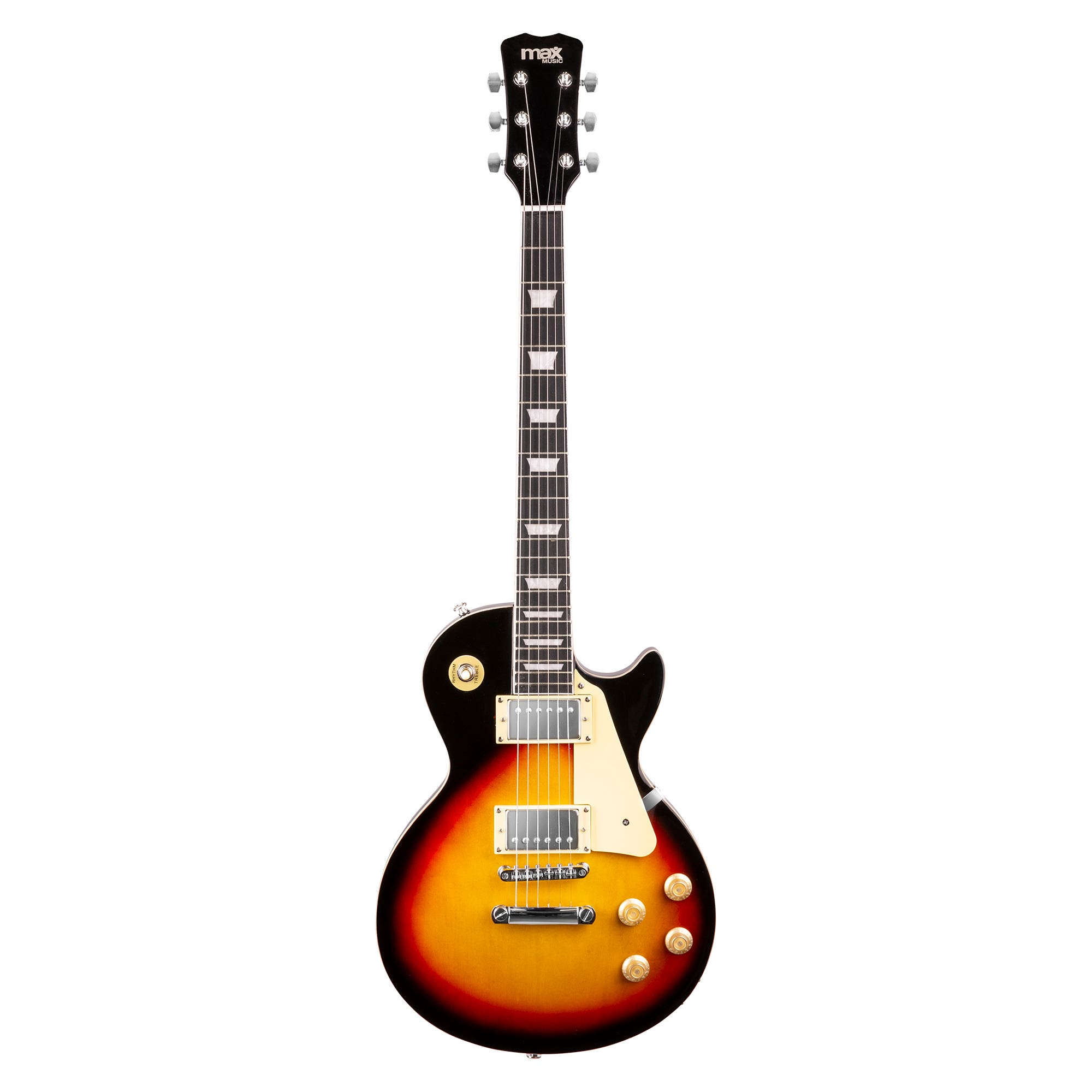 Una guitarra eléctrica sunburst sobre fondo blanco. Tiene clavijero negro y herrajes dorados.