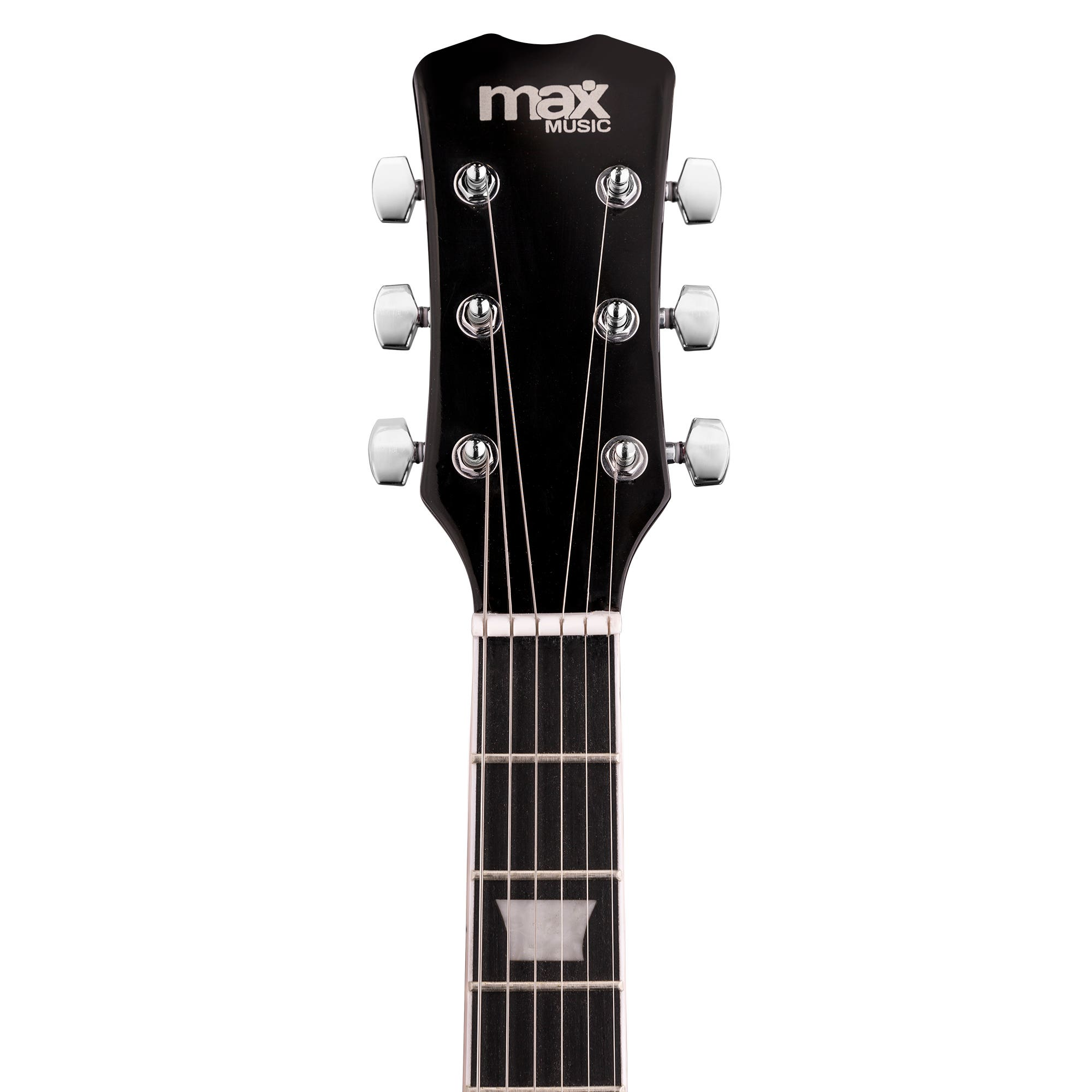 Primer plano de un clavijero de guitarra negro con clavijas, cuerdas y el logo 'max music'. También se ve el mástil.