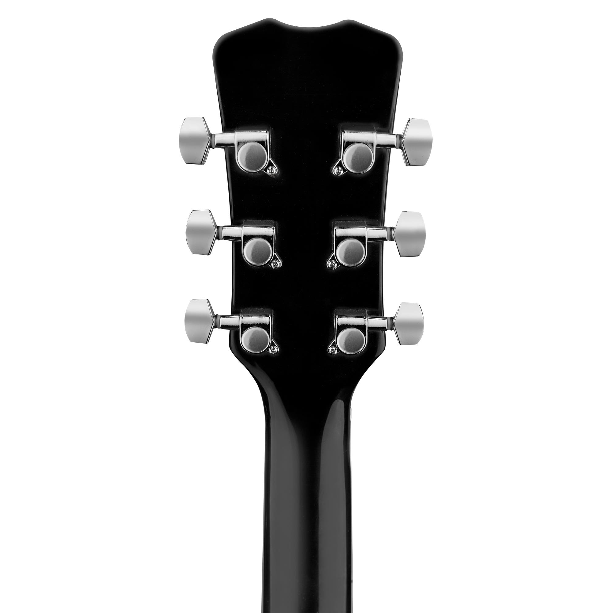 Parte trasera del clavijero de guitarra negro con clavijas plateadas, sobre fondo blanco.