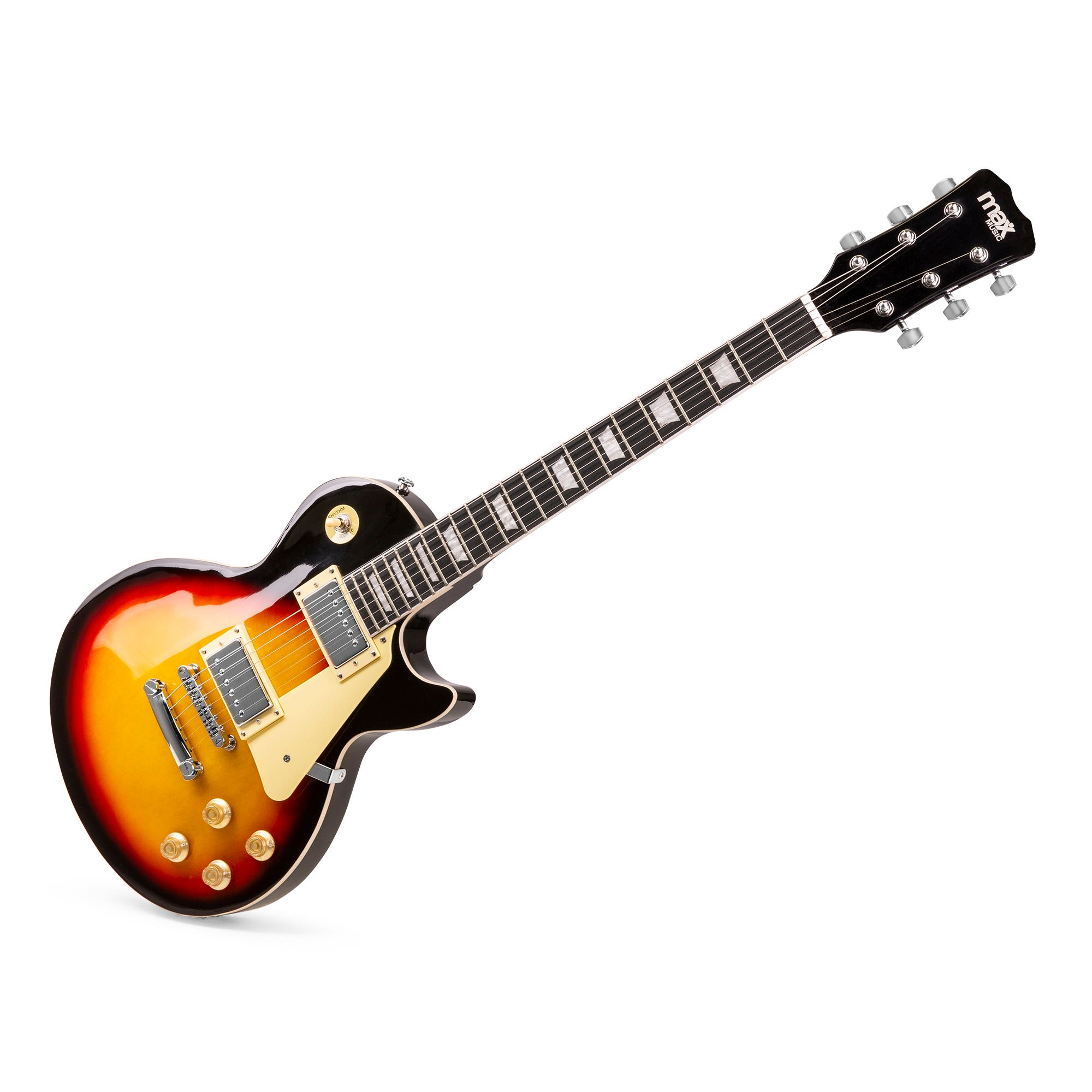Una guitarra eléctrica con acabado sunburst. Tiene un clavijero negro y un golpeador blanco. El cuerpo está en ángulo.