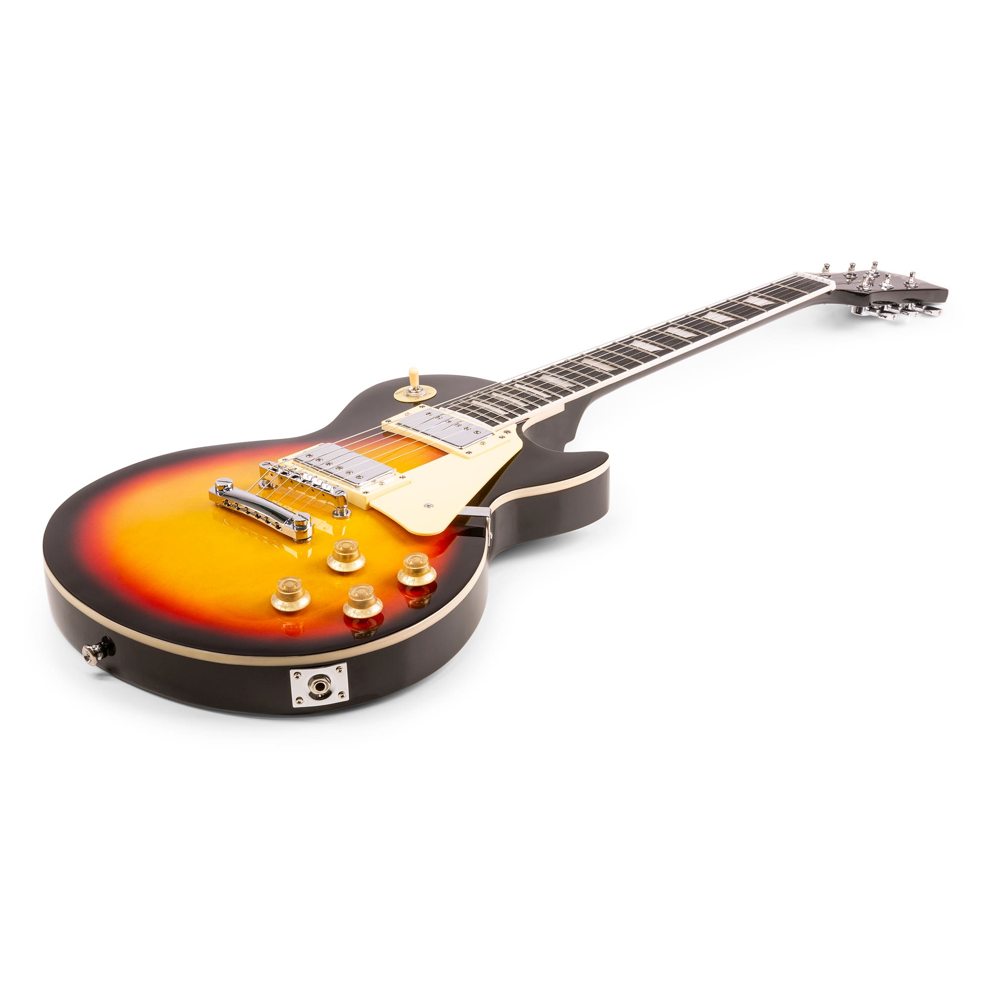 Una guitarra eléctrica con acabado sunburst se encuentra sobre una superficie blanca. Tiene bordes negros, un protector crema y perillas doradas.