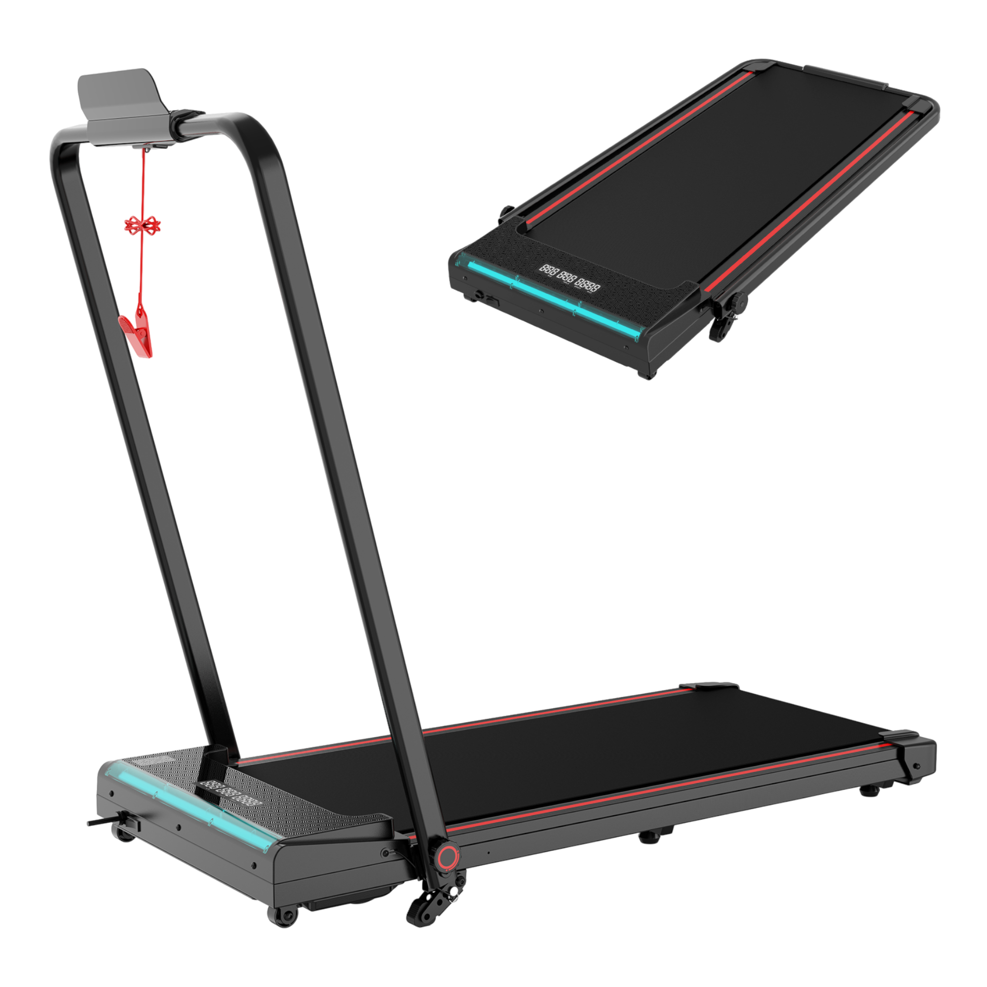 Czarna bieżnia z czerwonymi akcentami, złożona i rozłożona, na czarnym tle. Posiada wyświetlacz i przewód bezpieczeństwa.