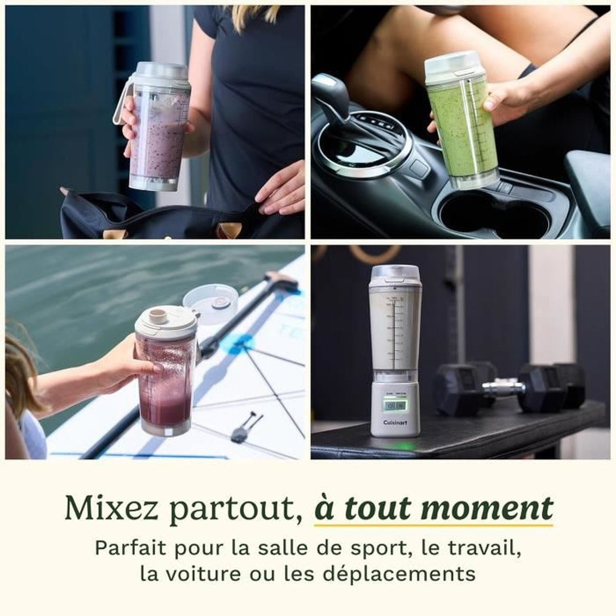 Das Bild zeigt einen Mixer in verschiedenen Umgebungen: im Fitnessstudio, im Auto, auf einem Paddleboard und an einer Tasche. Text: 'Mischen Sie überall, jederzeit'.