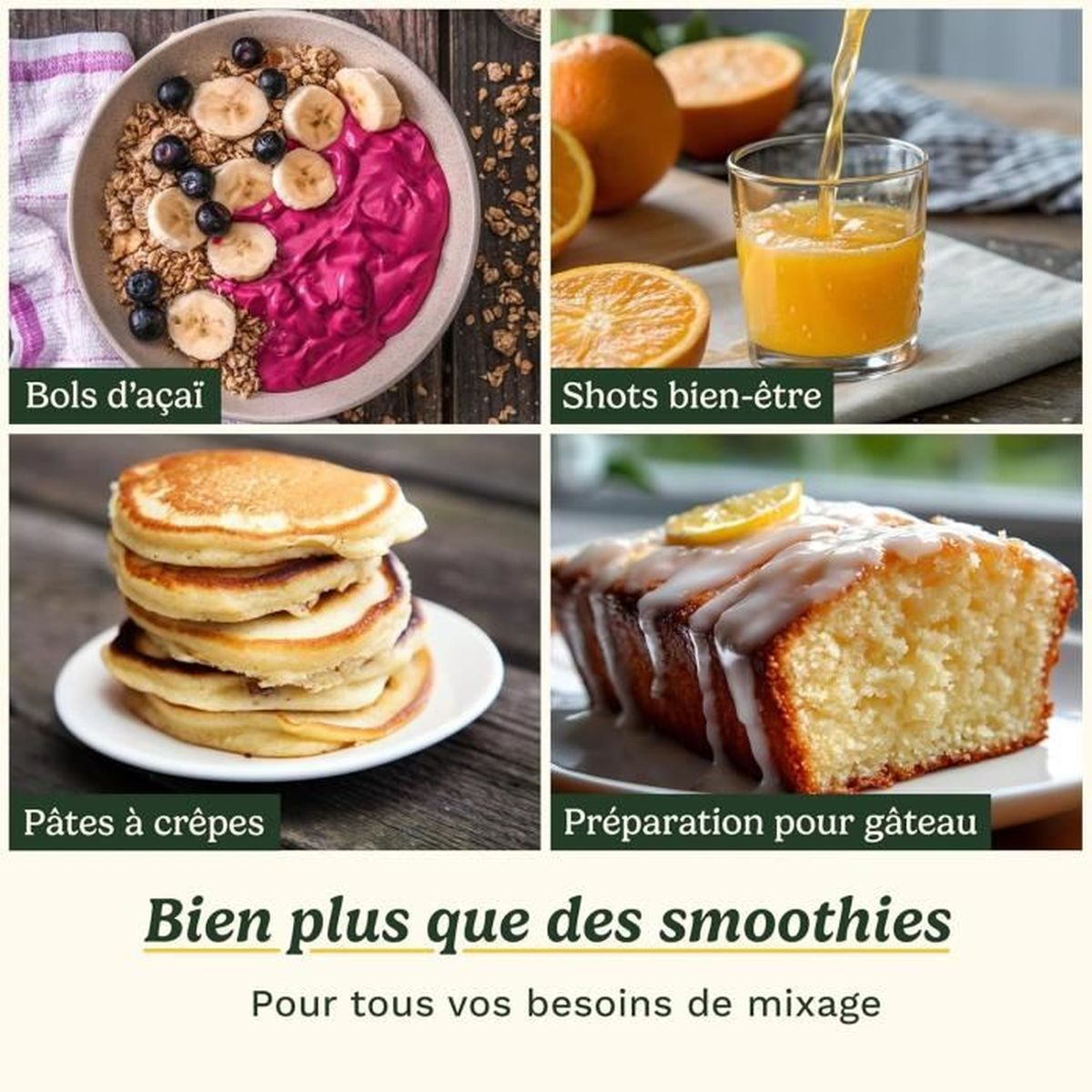 Das Bild zeigt vier Lebensmittel: Açaí-Schüssel, Orangensaft, Pfannkuchen und Kuchen. Der Text darunter lautet 'Mehr als Smoothies'.