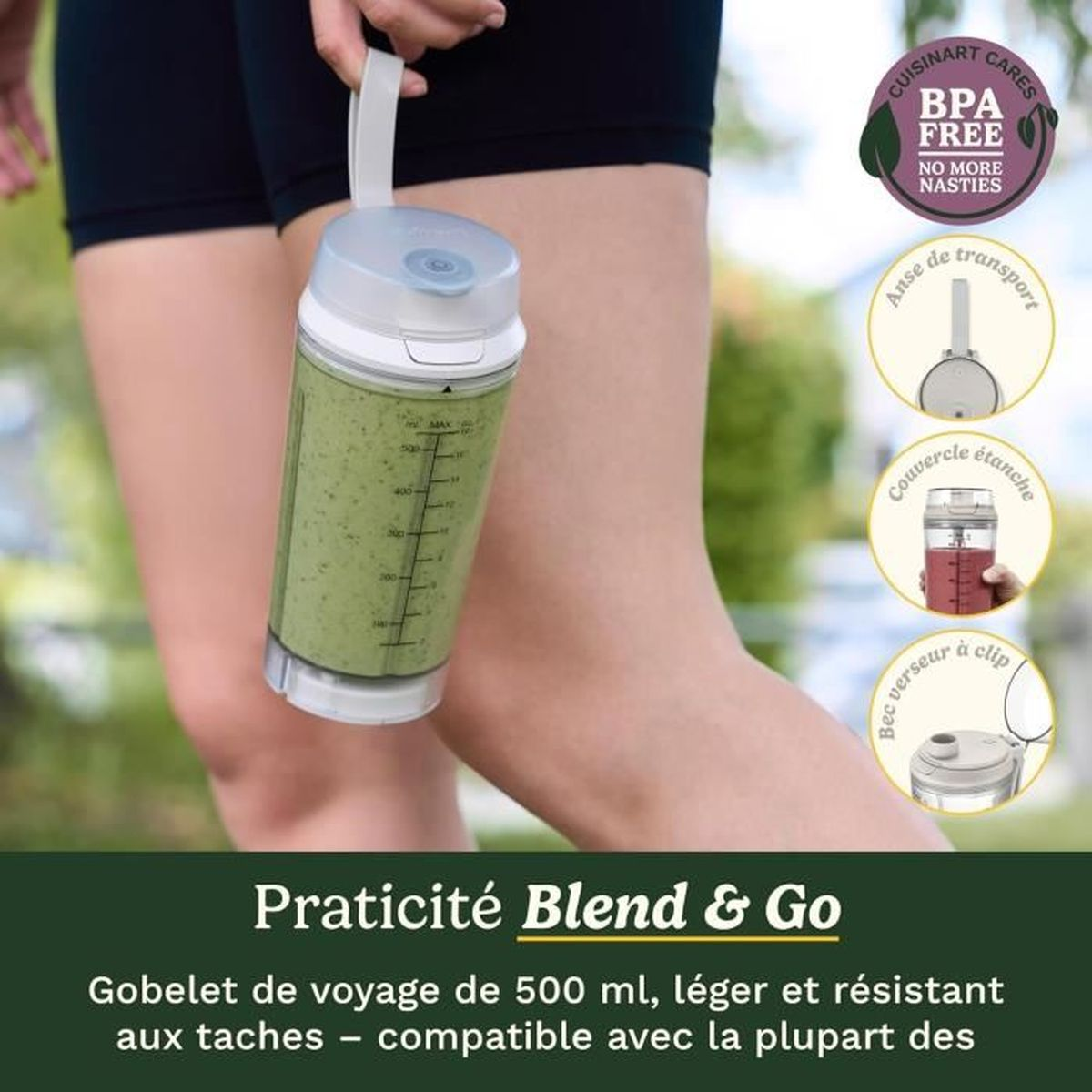 Eine Person hält einen Mixer mit grünem Inhalt. Text sagt Blend & Go, BPA-frei und beschreibt einen Reisebecher. Weitere Details sind ebenfalls vorhanden.