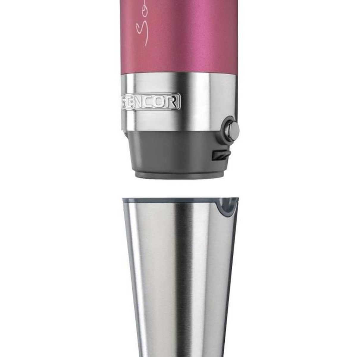 Blender, z różowymi i srebrnymi częściami oraz srebrnym kubkiem poniżej. Marka blendera to Sencor.
