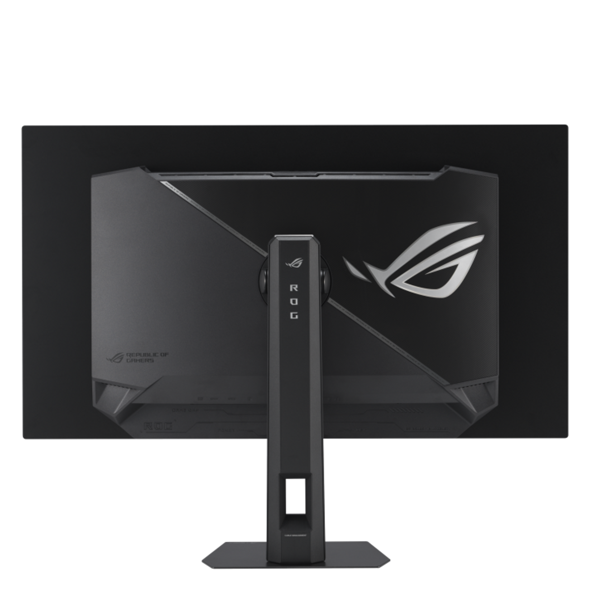 Vue arrière d'un moniteur de jeu ROG noir. Le support est centré. Le logo ROG est visible. Le moniteur est sur un fond noir.