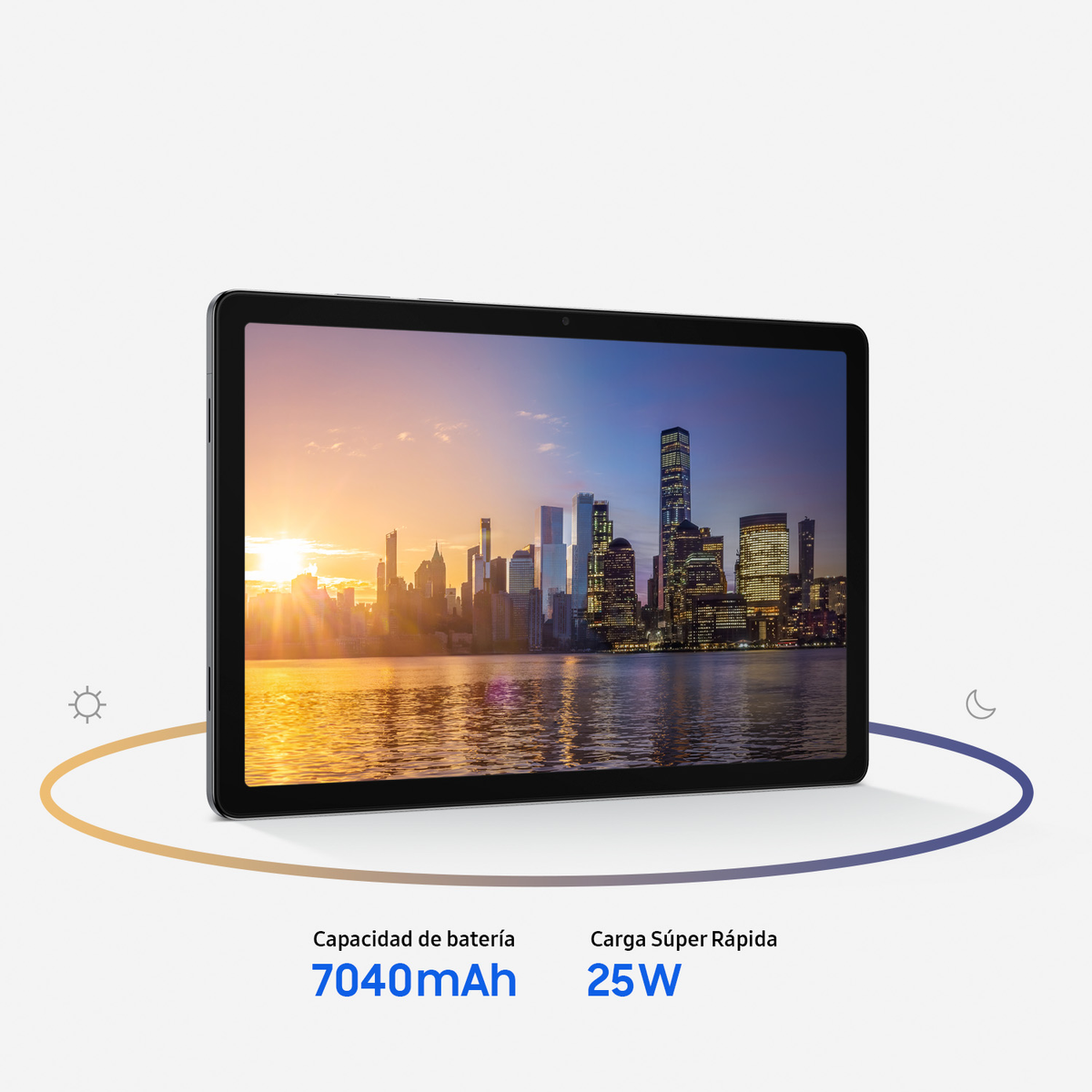 Tablet wyświetla panoramę miasta o zachodzie słońca. Pokazuje specyfikacje baterii i szybkiego ładowania: 7040mAh i 25W.