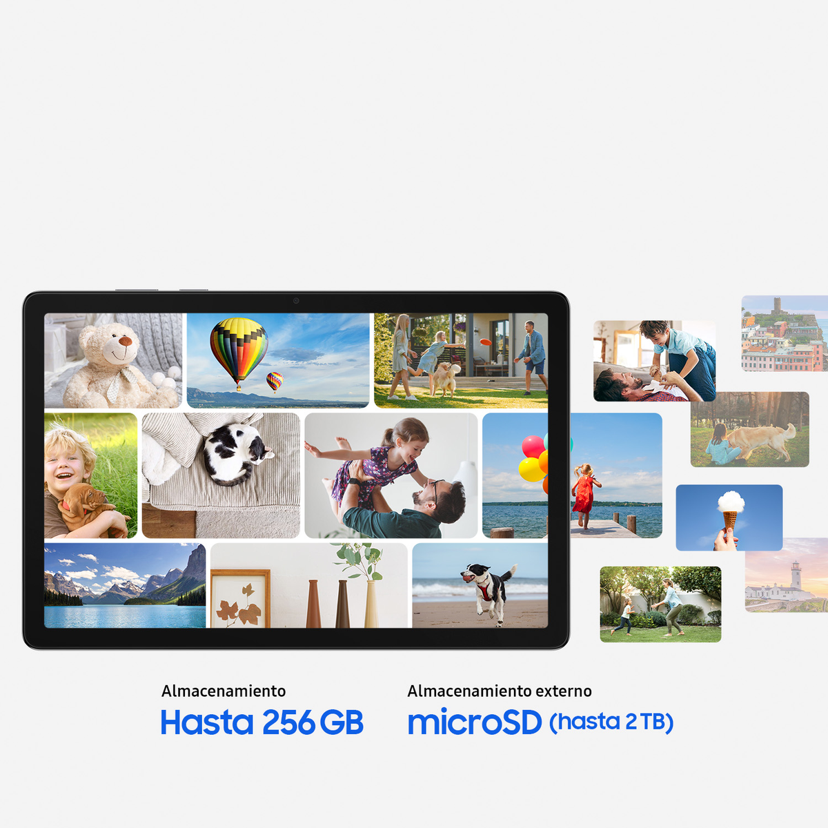 Tablet wyświetla różne obrazy: miś, balony, rodzina, kot, dziewczynka z tatą, jezioro, lody. Szczegóły dotyczące pamięci są pokazane poniżej.