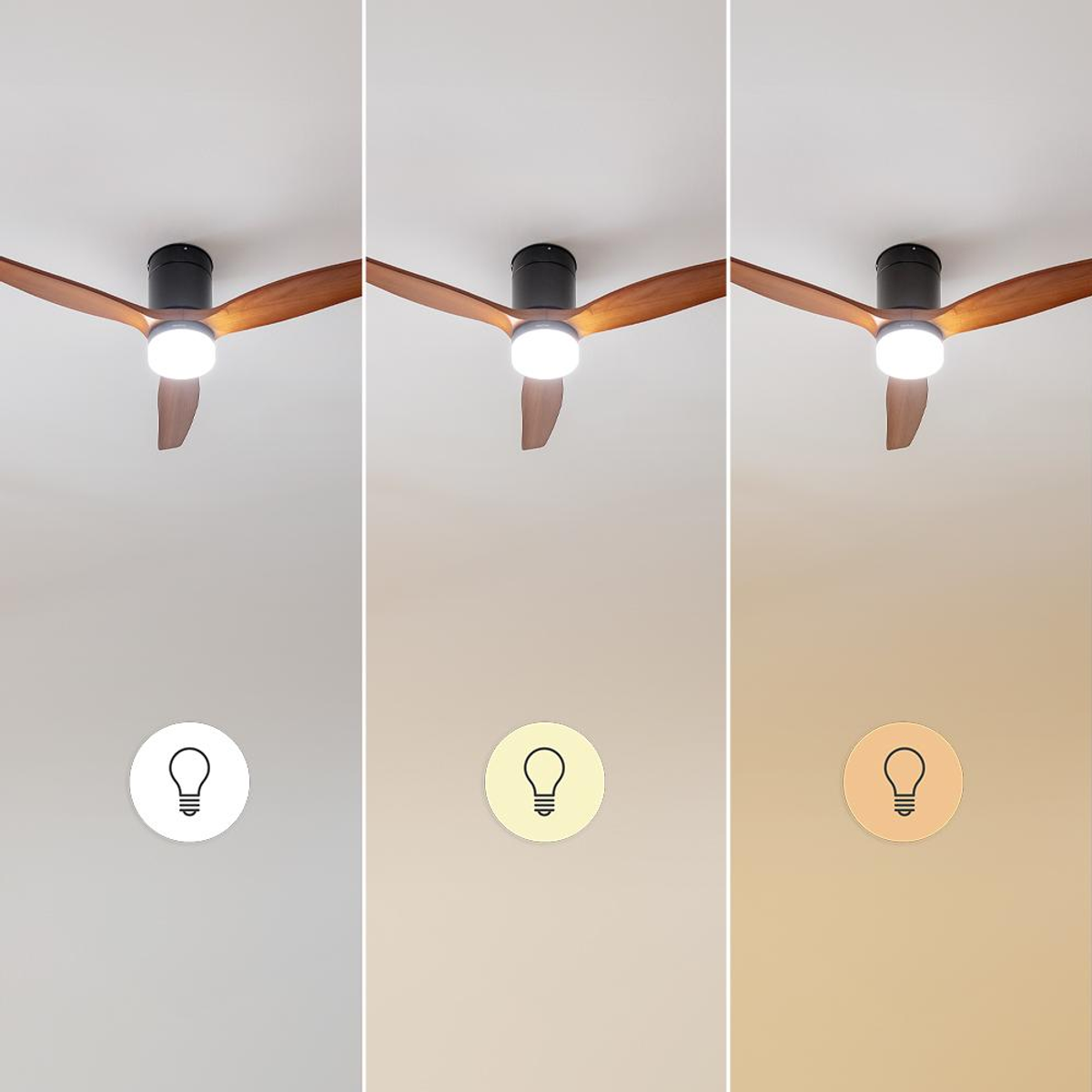 Se muestra un ventilador de techo con aspas de madera y una lámpara. La luz cambia de color. Hay iconos de bombilla abajo.