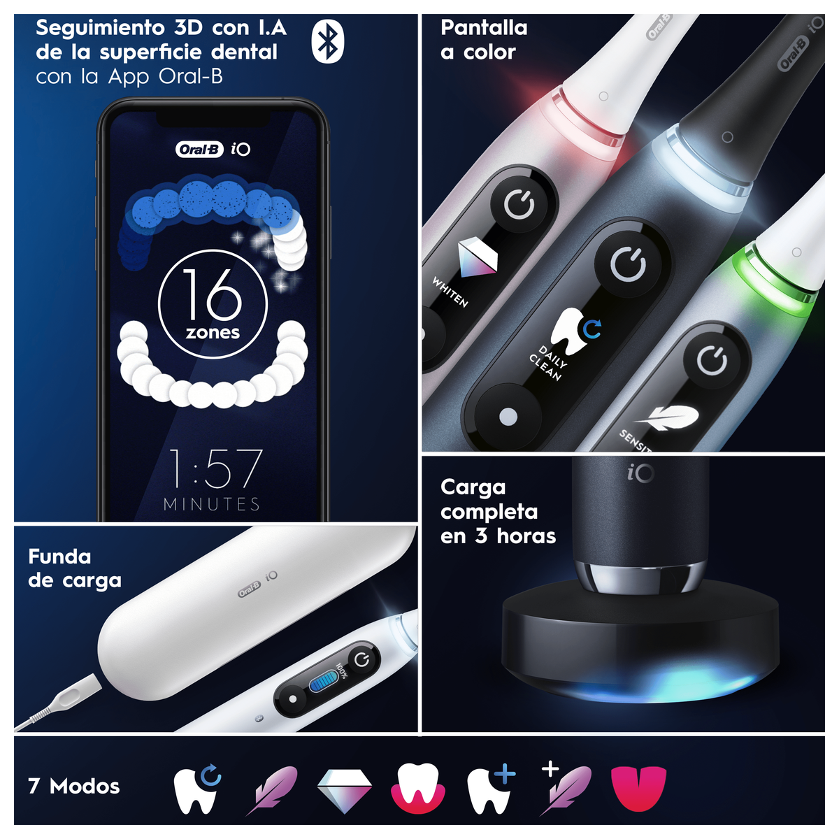 L'immagine mostra spazzolini elettrici Oral-B iO e caratteristiche: un'app per telefono, base di ricarica, custodia da viaggio e diverse modalità di pulizia.