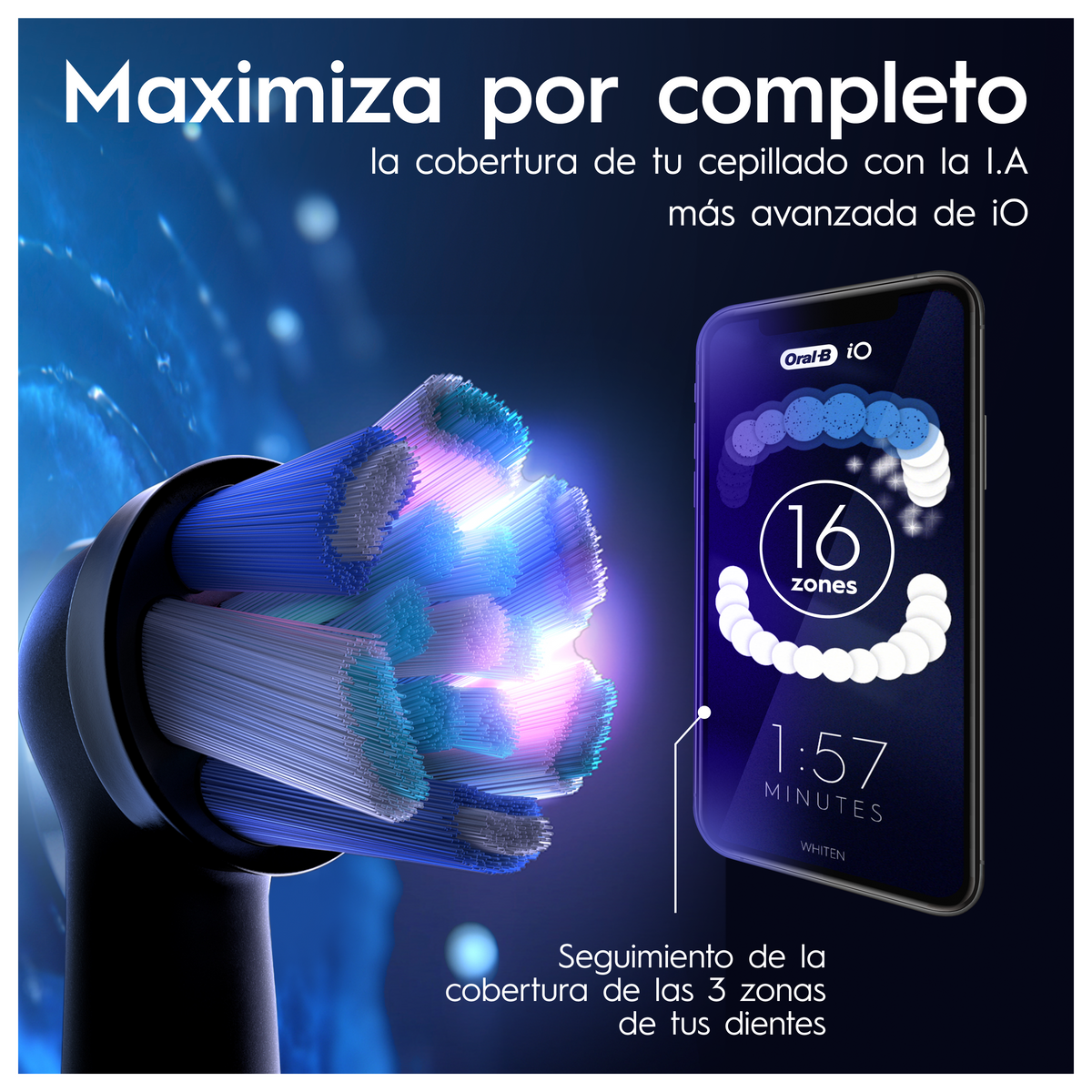 Uno spazzolino elettrico mostra 16 zone su uno schermo del telefono. La testina è blu e bianca. Testo: 'Maximiza por completo'.