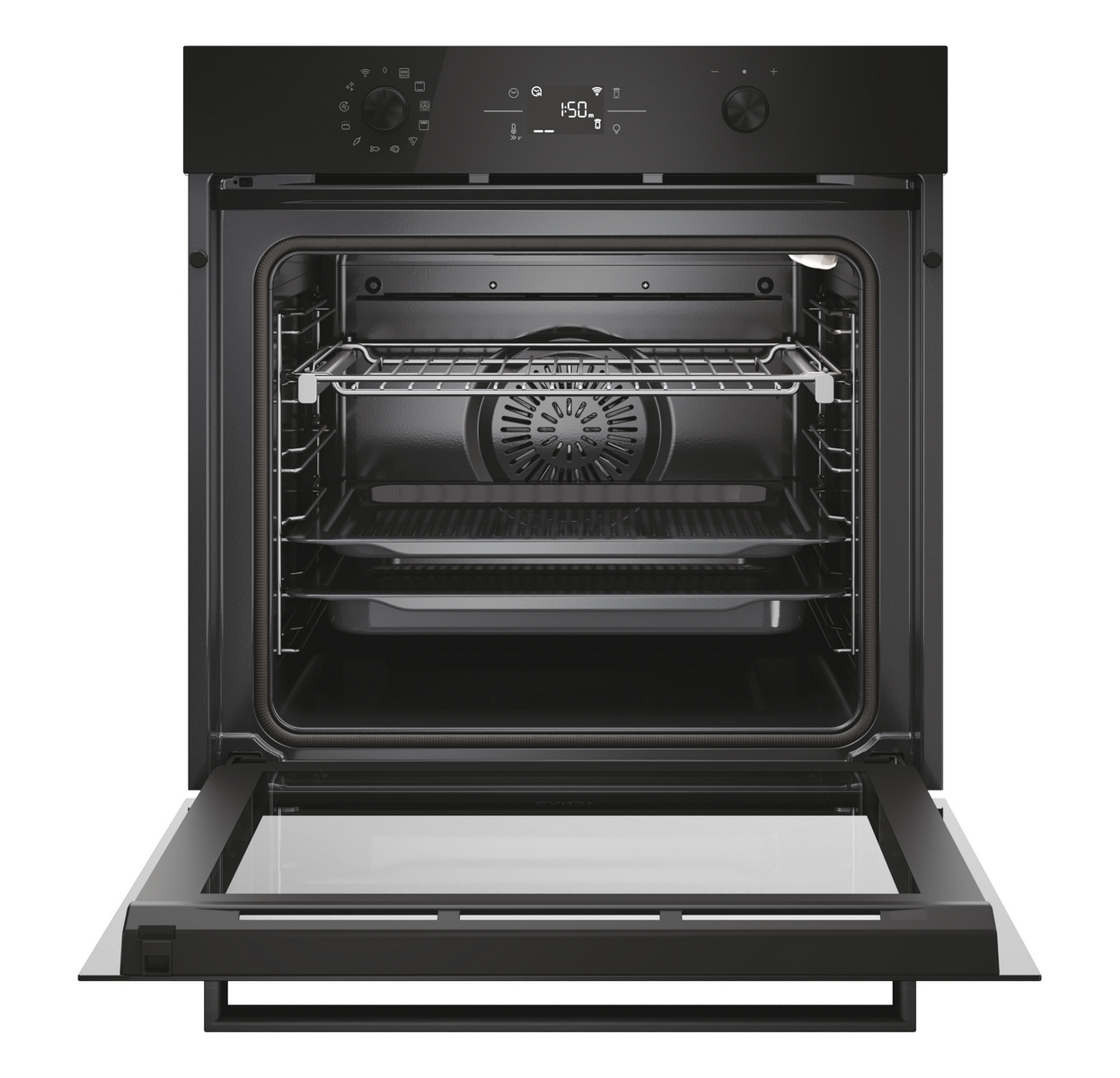 Horno negro con puerta abierta. Dentro hay estantes, un ventilador y una bandeja. Pantalla digital en la parte superior.