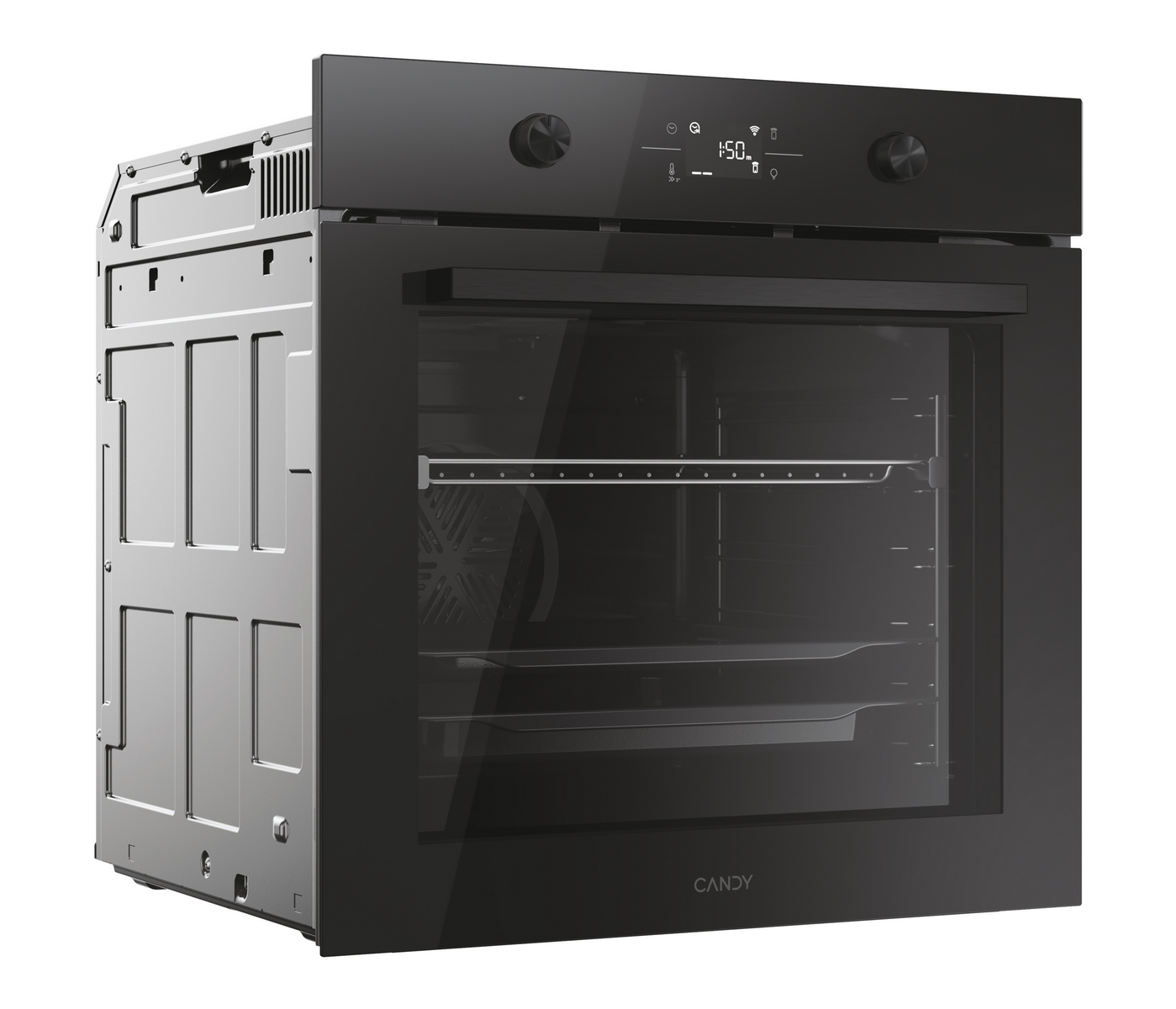 Un forno Candy nero su sfondo bianco. Ha una porta a vetro e un display digitale. Il forno è aperto e ha delle griglie.