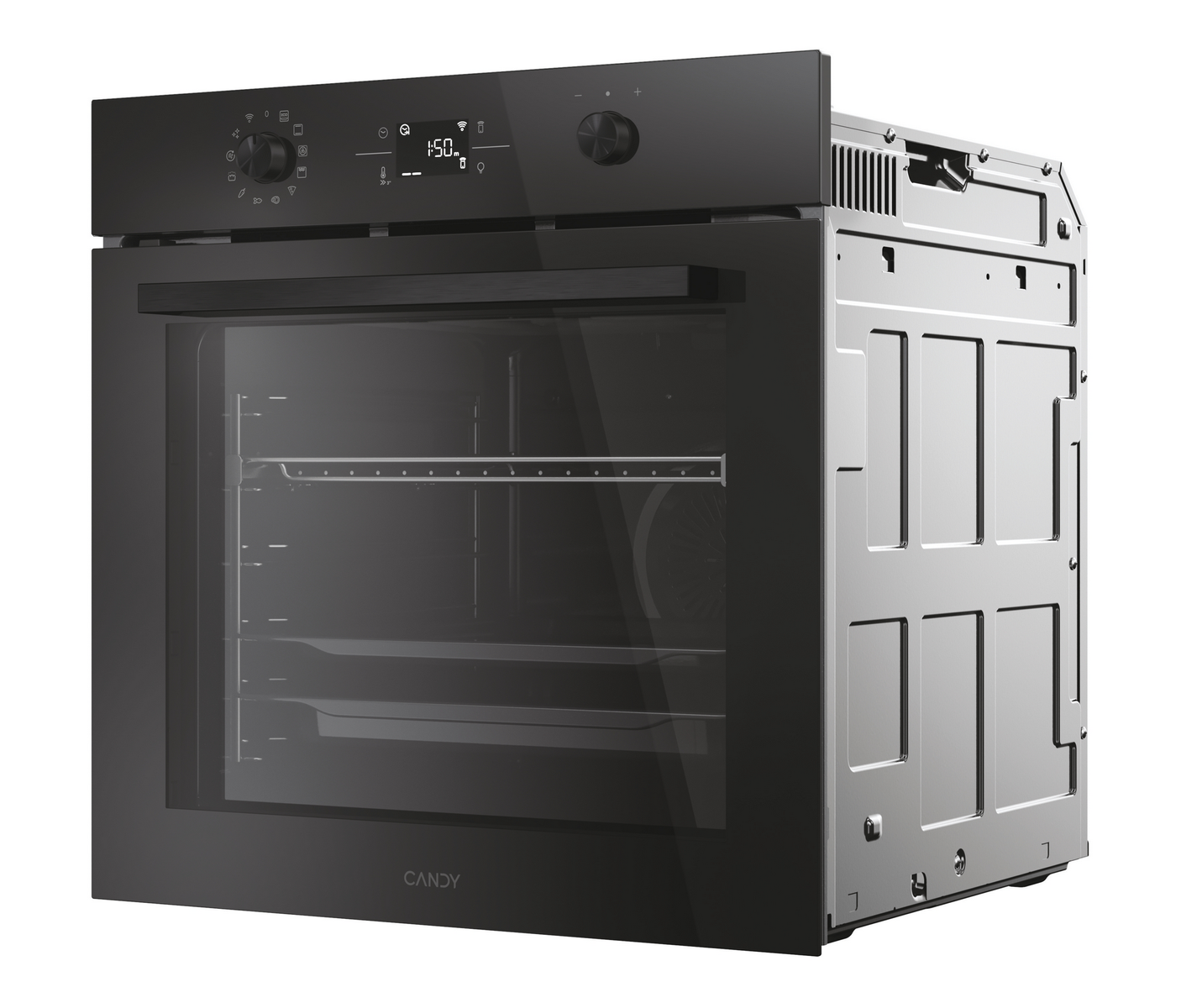 Un forno Candy nero con porta a vetro, manopole e display digitale che mostra 1:50. La parte posteriore è metallica.