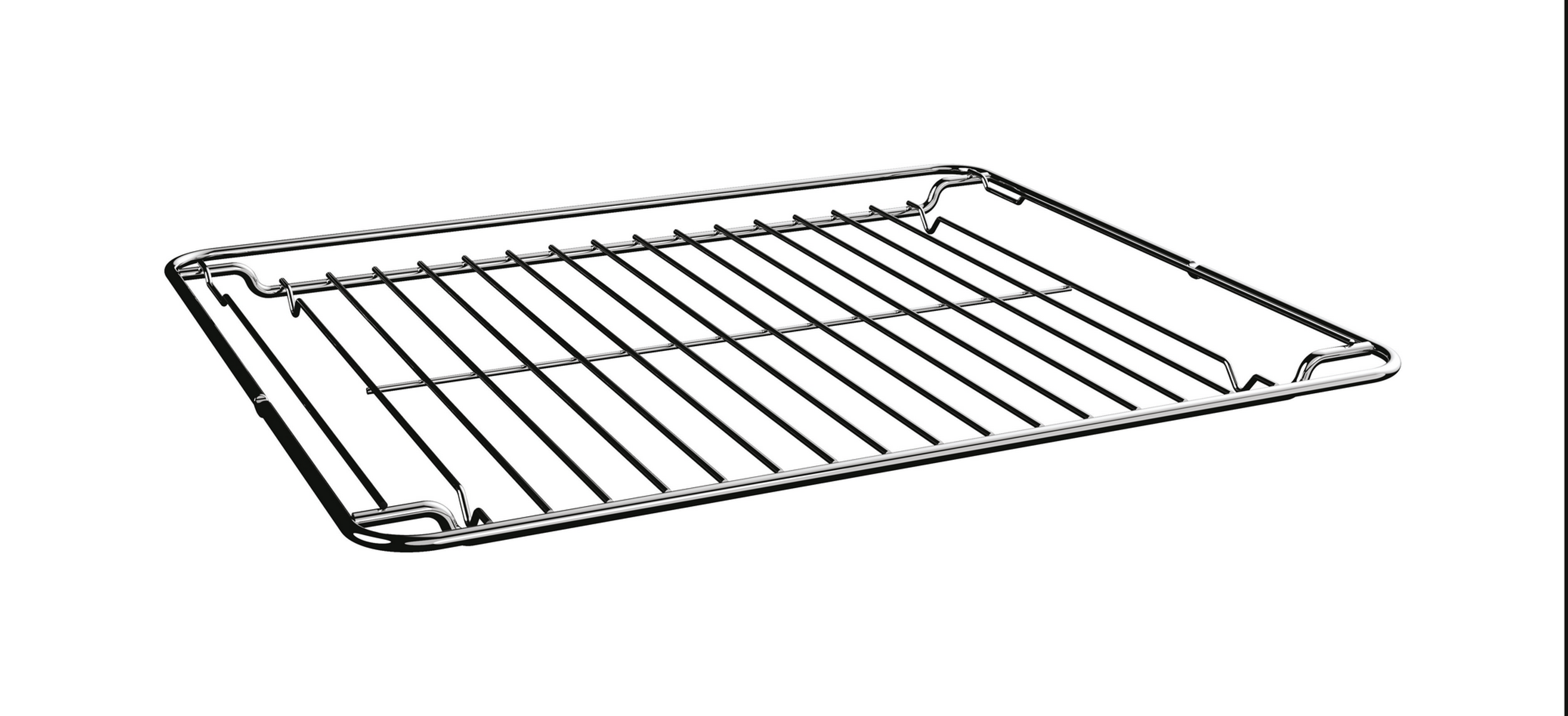 Una griglia del forno in acciaio inossidabile. La griglia è rettangolare con barre parallele. Su sfondo bianco.