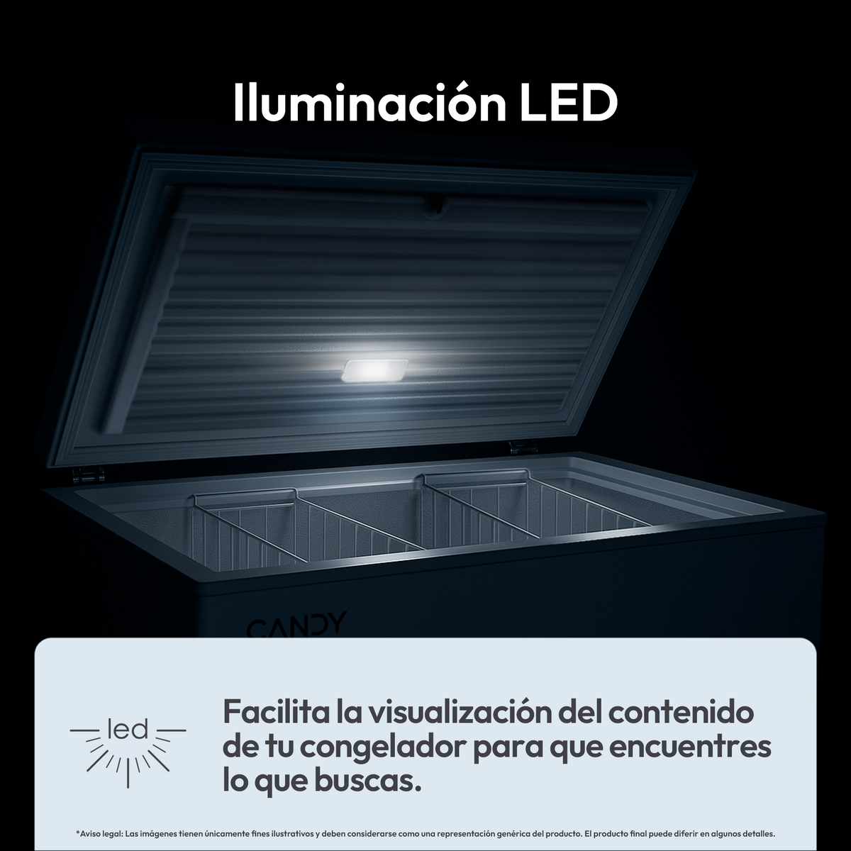 Un congélateur avec un couvercle ouvert, éclairé par une lumière LED. Le texte dit 'Éclairage LED' et 'Candy' est visible. La pub facilite la visualisation.
