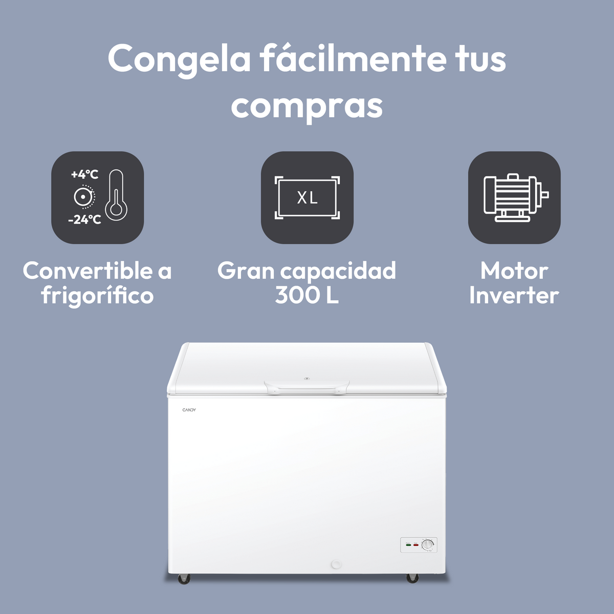 Congélateur coffre blanc avec texte indiquant les caractéristiques : convertible, grande capacité et moteur inverter. Fond gris avec texte.