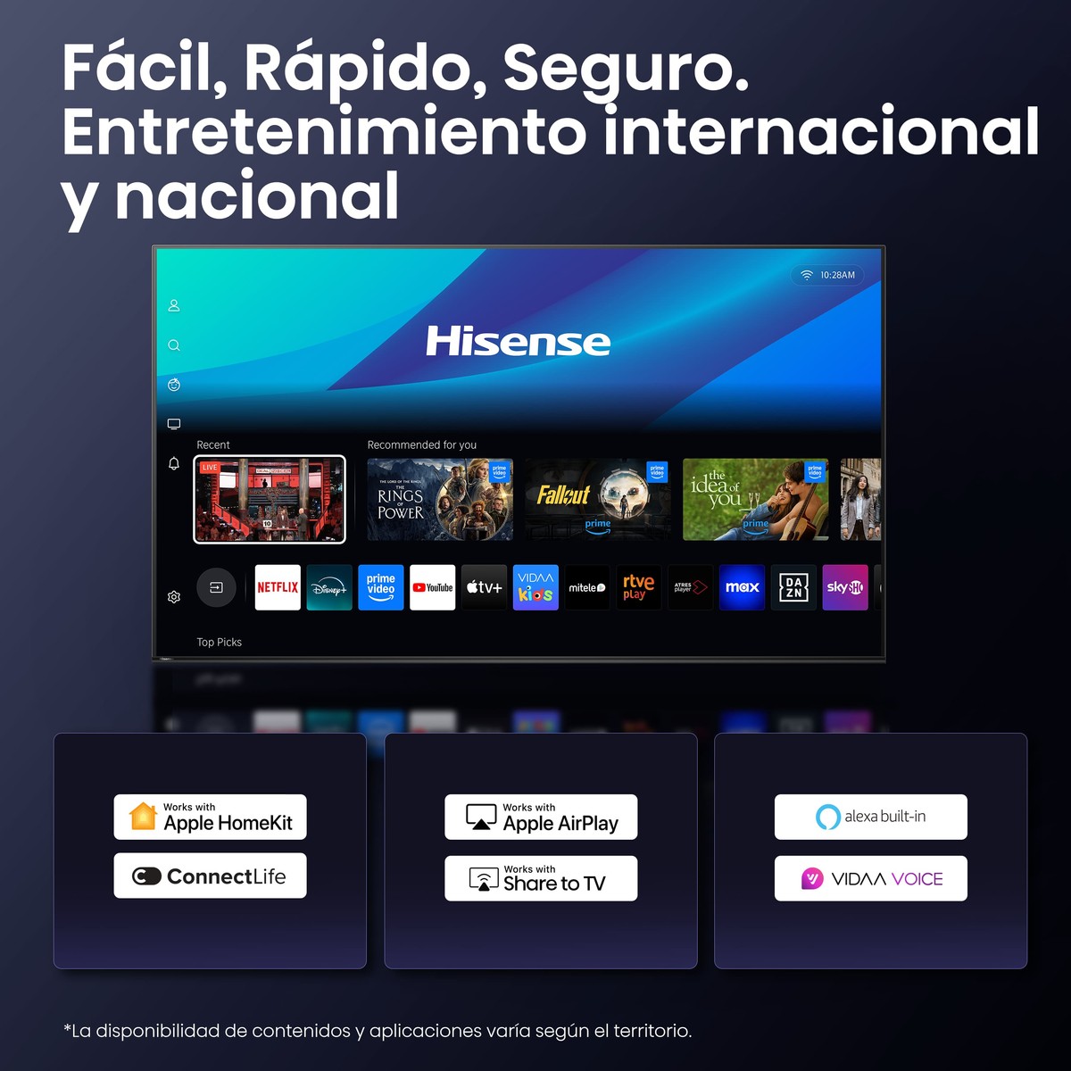 Een Hisense tv toont streaming apps zoals Netflix. Tekst luidt: 'Gemakkelijk, snel, veilig. Internationaal en nationaal entertainment'.