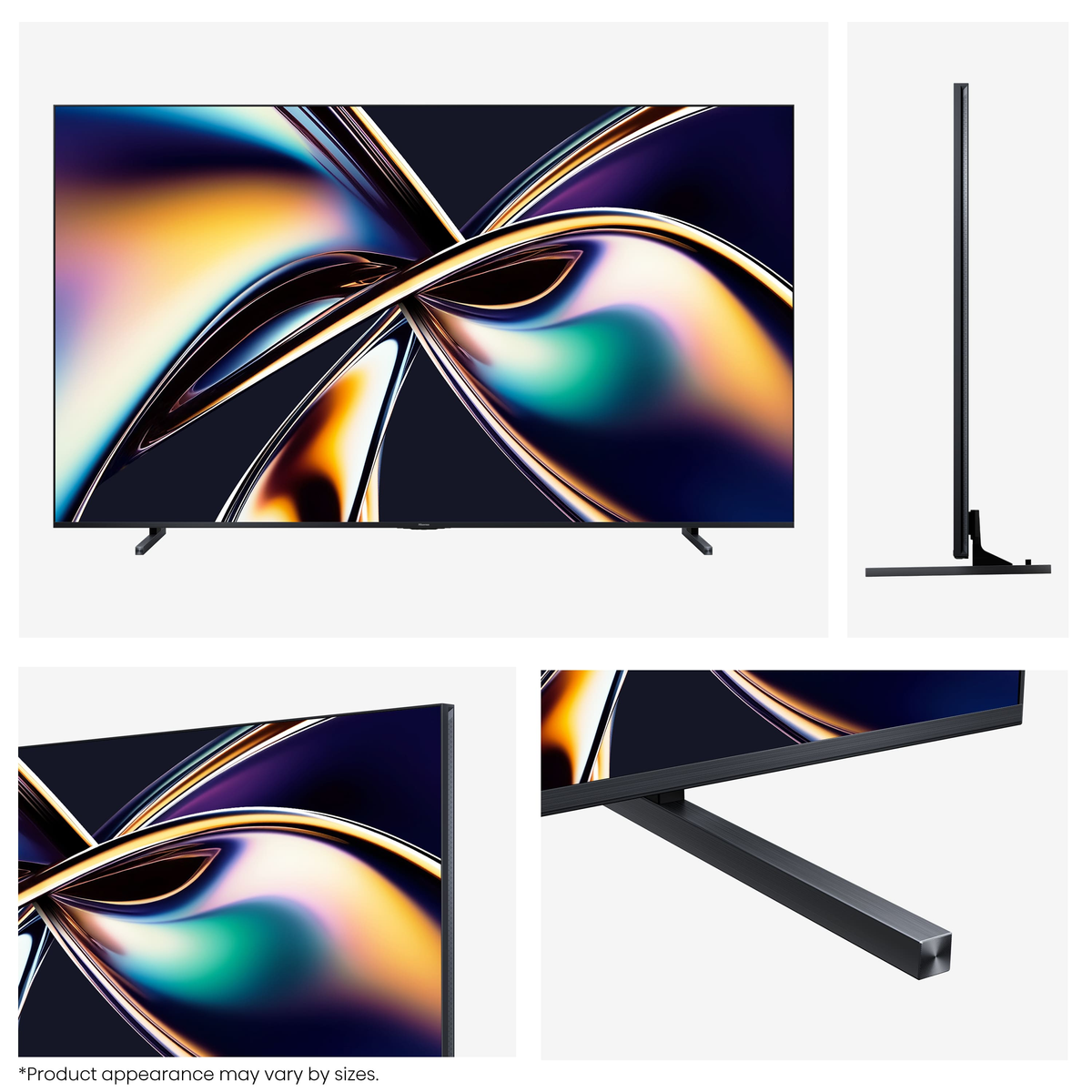Een flatscreen-tv met een kleurrijk abstract display. Secties tonen voor-, zij- en detailaanzichten. Zwarte standaard en frame.