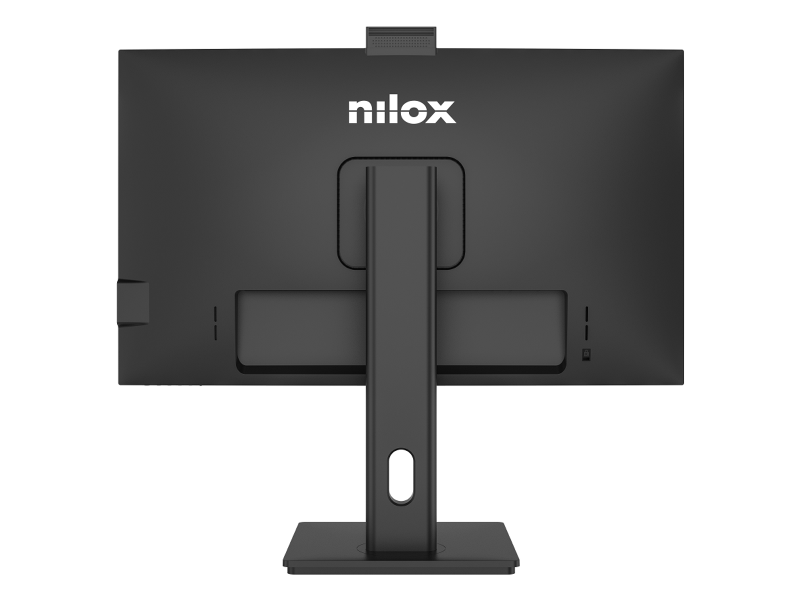 Widok z tyłu czarnego monitora Nilox z białym logo. Posiada podstawę i kamerę internetową na górze.