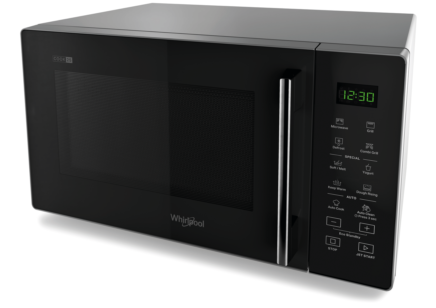 Czarny piekarnik mikrofalowy Whirlpool z cyfrowym zegarem wyświetlającym 02:30. Posiada różne opcje gotowania i uchwyt.