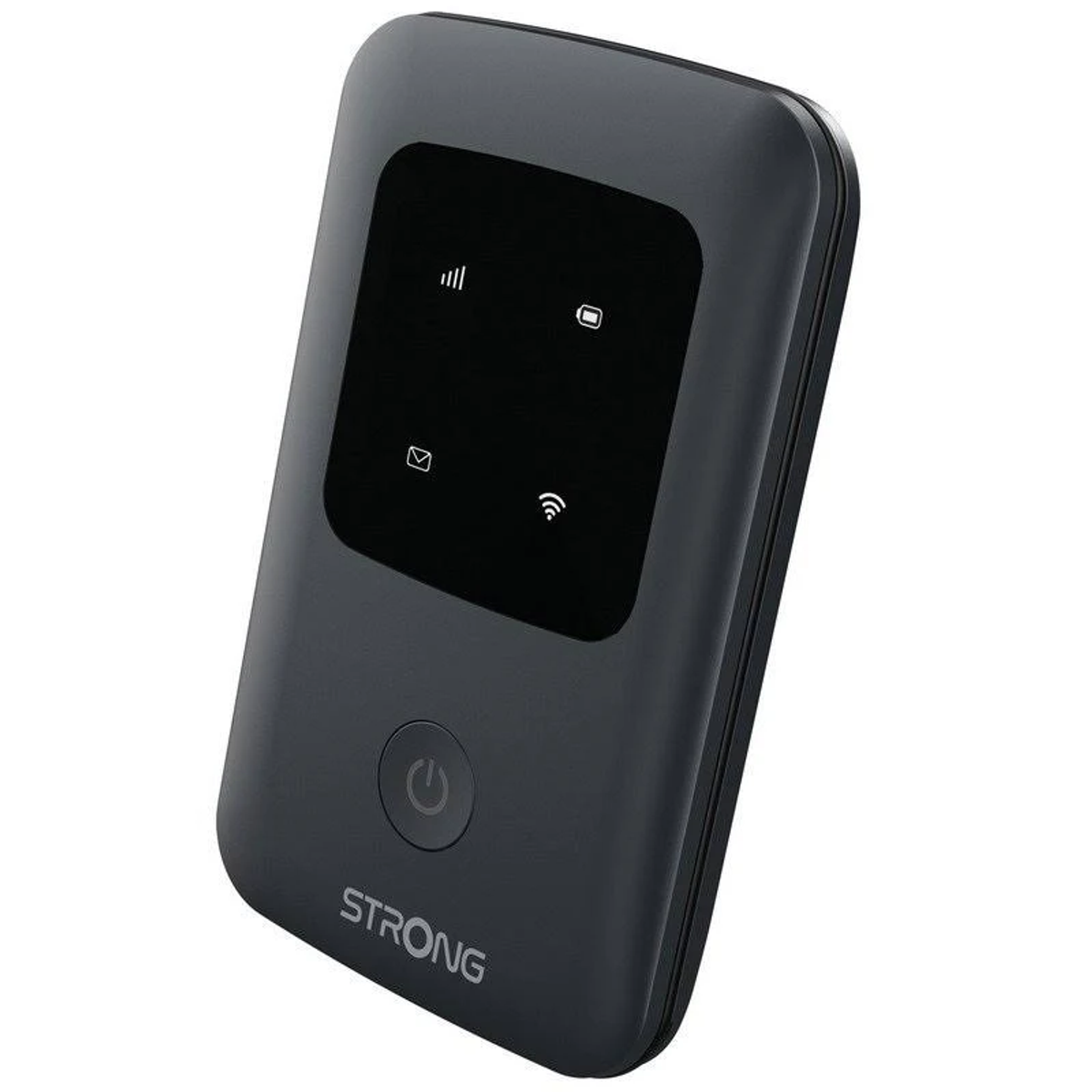 Un router portatile grigio scuro con schermo nero che mostra indicatori di segnale, batteria e Wi-Fi. Il marchio 'STRONG' è visibile.