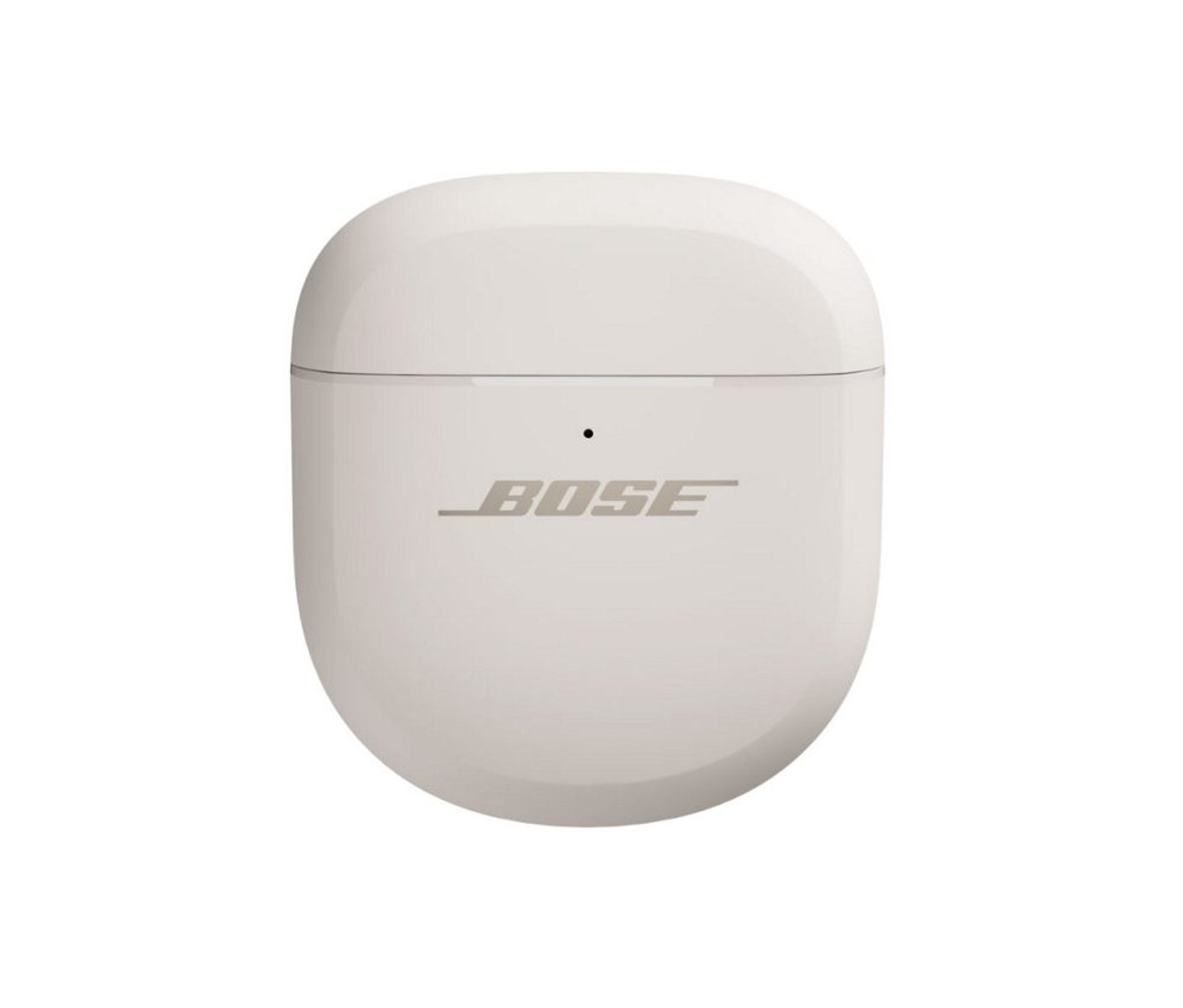 Un estuche blanco para auriculares Bose. Tiene forma ovalada con el logotipo plateado de Bose. Un pequeño punto negro en la parte superior.