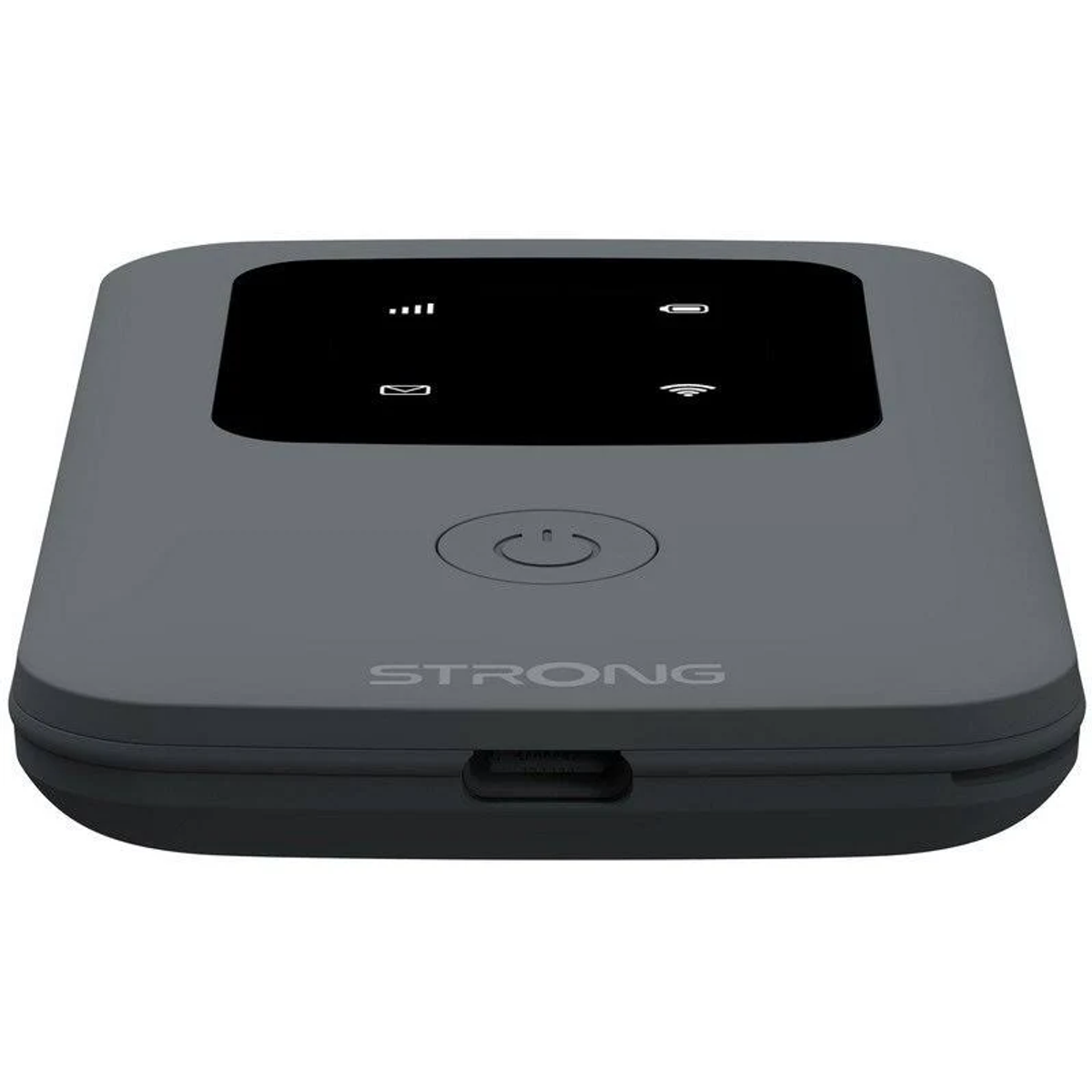 Un dispositivo WiFi portatile Strong grigio. Ha uno schermo con icone, un pulsante di accensione e una porta USB. Il marchio è visibile.