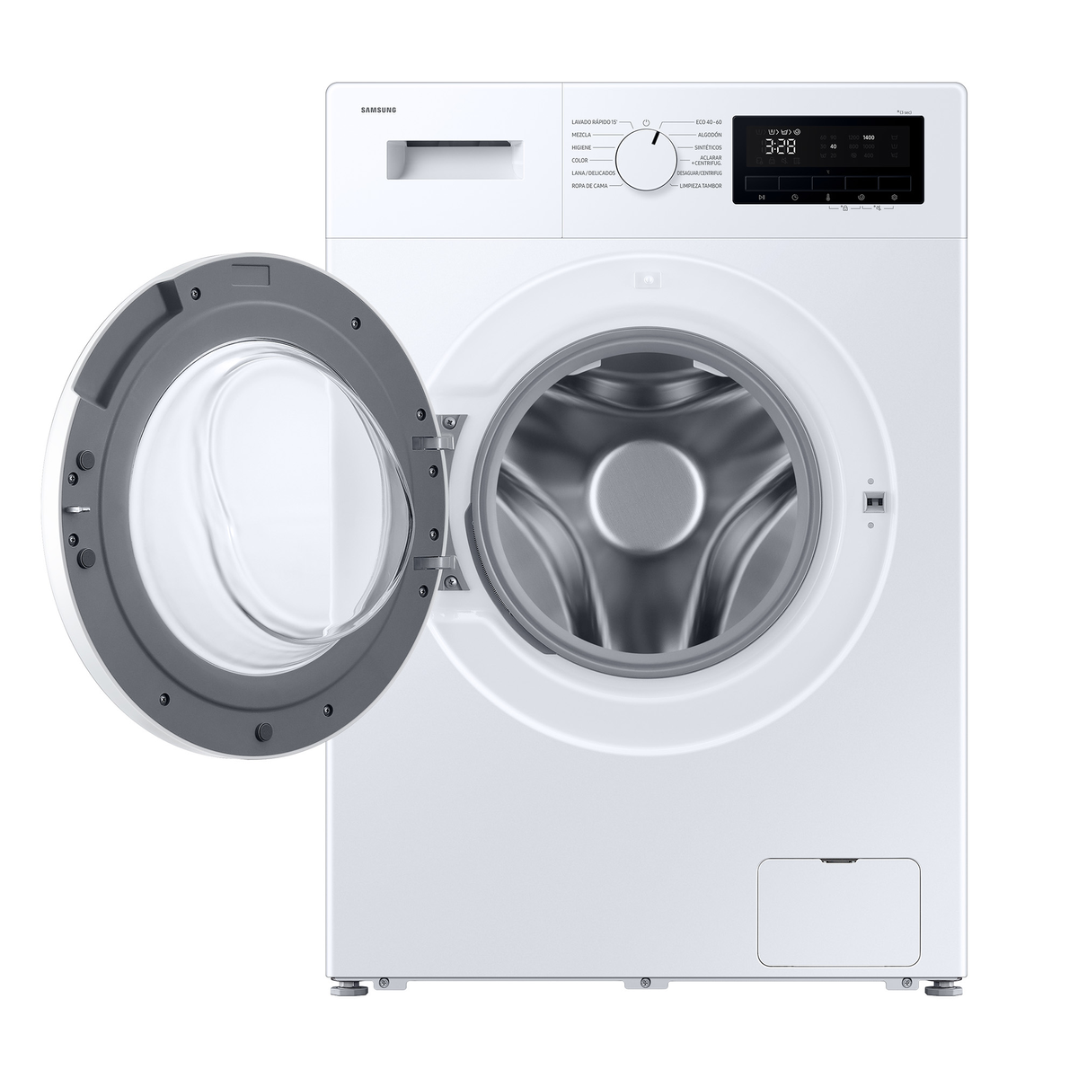 Biała pralka Samsung z otwartymi drzwiami. Panel sterowania wyświetla cyfrowy timer. Etykiety zawierają 'bawełna', 'kolor' i 'płukanie'.
