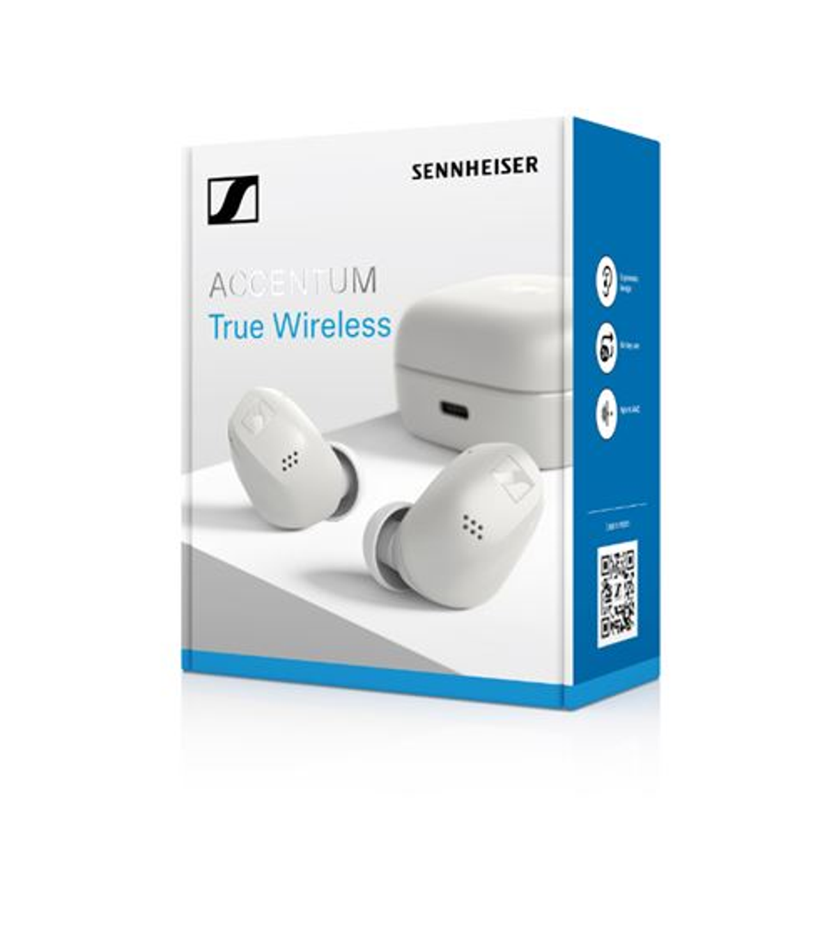 Auriculares inalámbricos verdaderos Sennheiser Accentum blancos y estuche de carga en una caja. Detalles azules en la caja. Logotipo de Sennheiser visible.