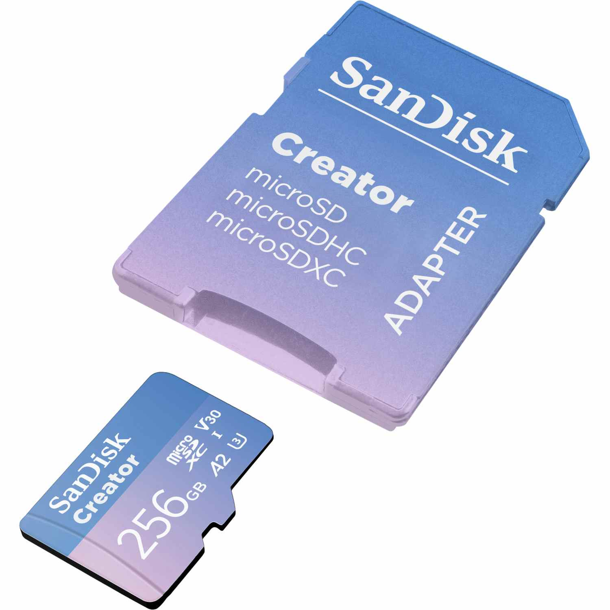 Zwei Sandisk Creator microSD-Karten. Eine befindet sich in einem Adapter. Blaue und weiße Farben. Eine Karte ist 256 GB.