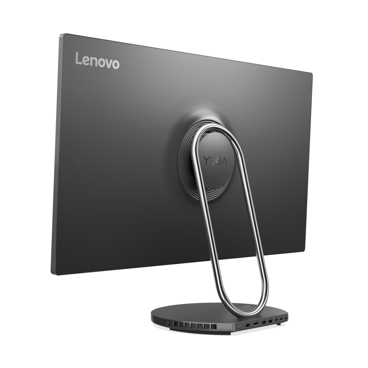 Widok z tyłu monitora Lenovo Yoga. Ma metalową podstawę i ciemnoszary ekran. Widoczne logo Lenovo.