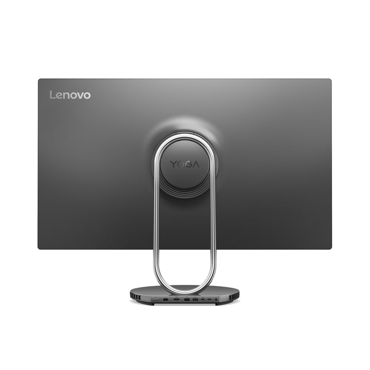 Widok z tyłu monitora Lenovo Yoga. Ma szary ekran, srebrną podstawę i podstawę z portami. Widoczne jest słowo "Lenovo".