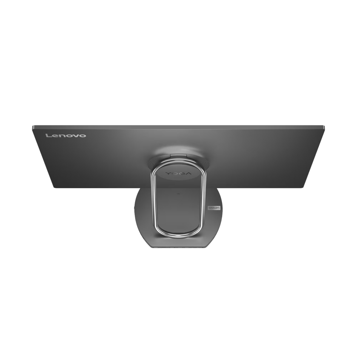 Monitor Lenovo Yoga, widok z tyłu. Ma srebrną podstawę i ciemnoszary ekran. Widoczne są logo Lenovo i Yoga.