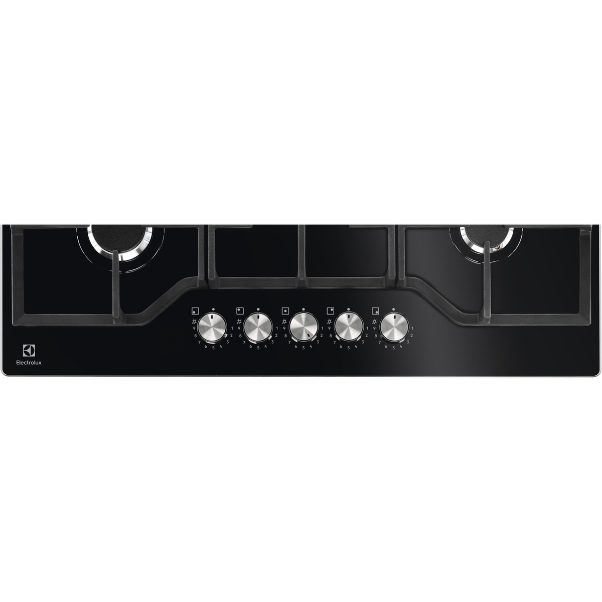 Schwarzes Electrolux-Gaskochfeld mit silbernen Knöpfen. Zwei Brenner links und rechts, fünf Bedienknöpfe in der Mitte.