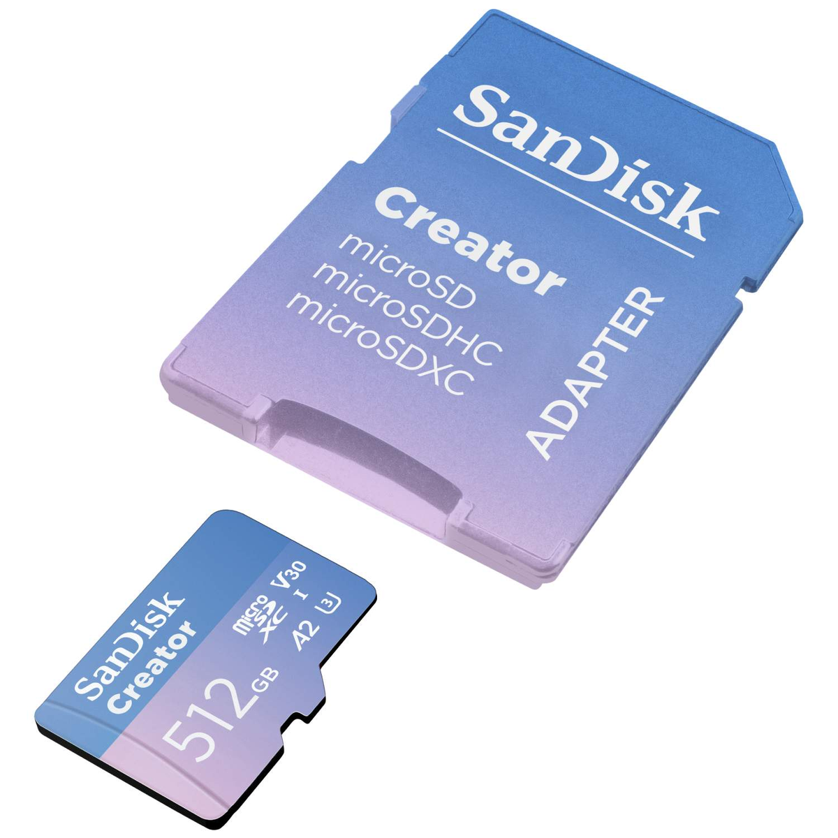 Das Bild zeigt eine SanDisk Creator SD-Karte und einen Adapter. Die SD-Karte hat 512 GB. Der Adapter ist mit 'Creator' und 'Adapter' beschriftet.