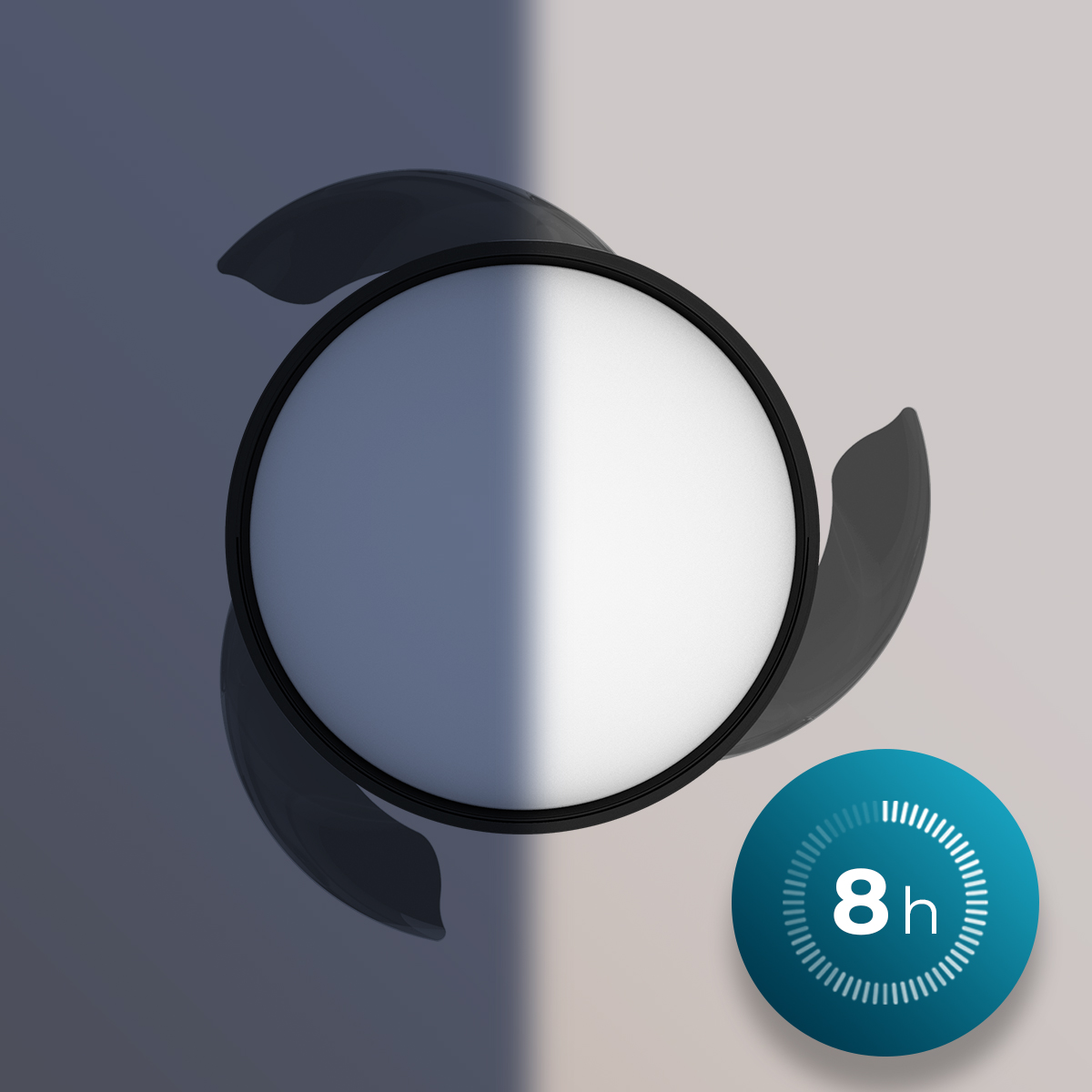 A white and black circle with three dark blades. The circle is split in half by light and dark. A blue 8h icon.