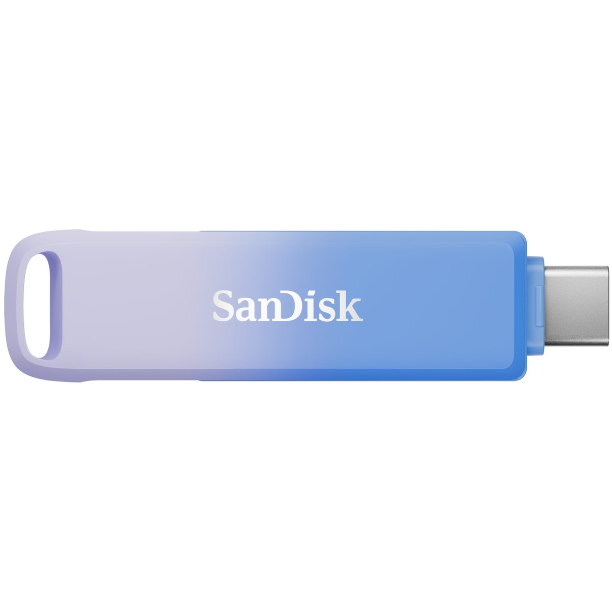 Niebiesko-fioletowy napęd USB z marką Sandisk. Koniec ma złącze USB-C.