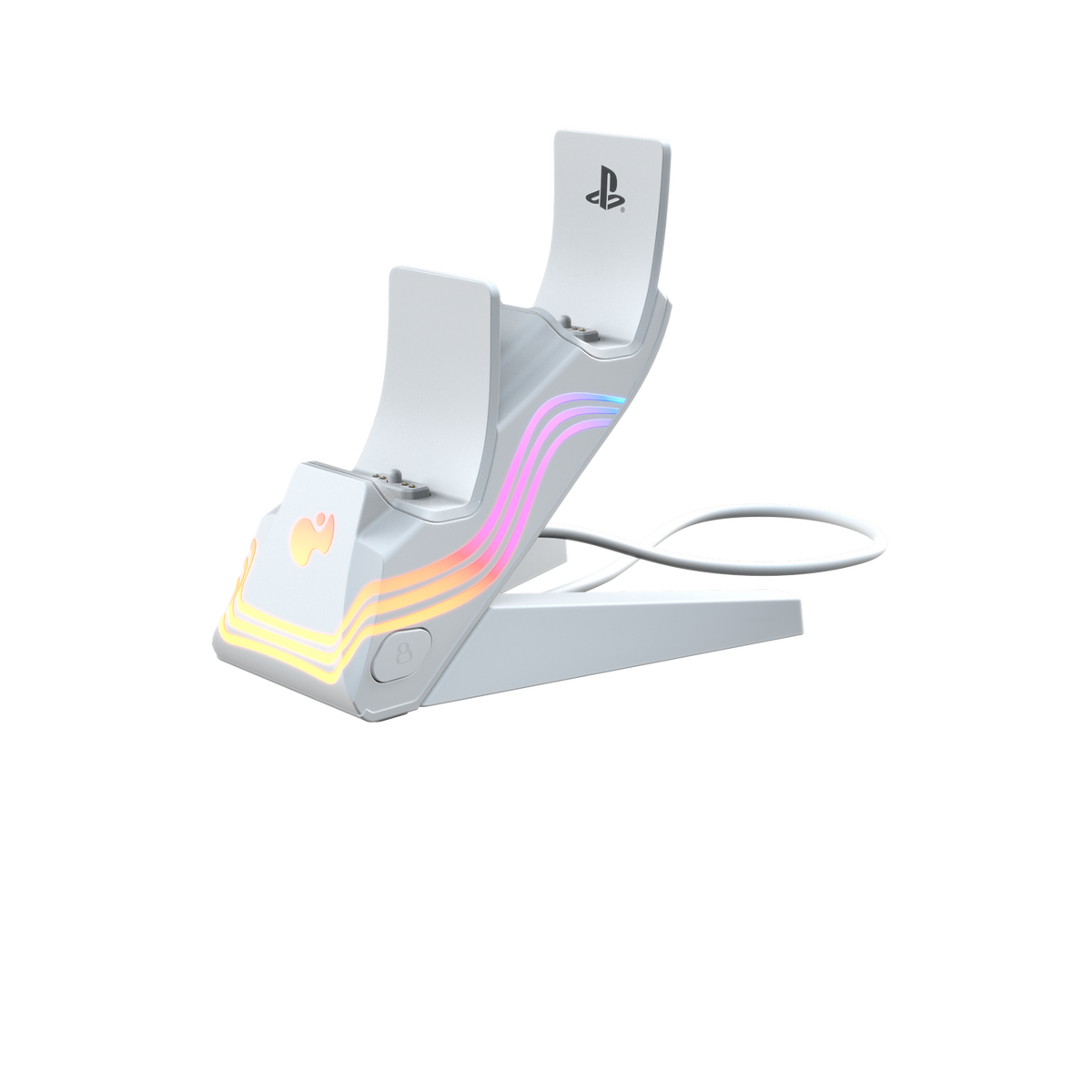 Biała stacja ładująca do kontrolera Playstation z tęczowym światłem. Biały kabel jest podłączony do podstawy. Czarne tło.