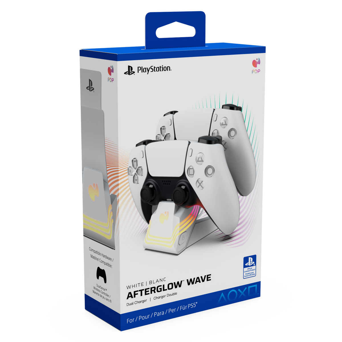 Białe pudełko ładowarki do kontrolera PlayStation 5. Pudełko wyświetla kontrolery i ładowarkę. Marka obejmuje 'Afterglow Wave' i 'PlayStation'.