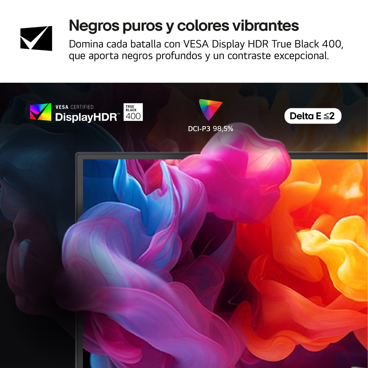Monitor wyświetla kolorowe abstrakcyjne kształty. Tekst wspomina VESA Display HDR True Black 400 i Delta E ≤2.