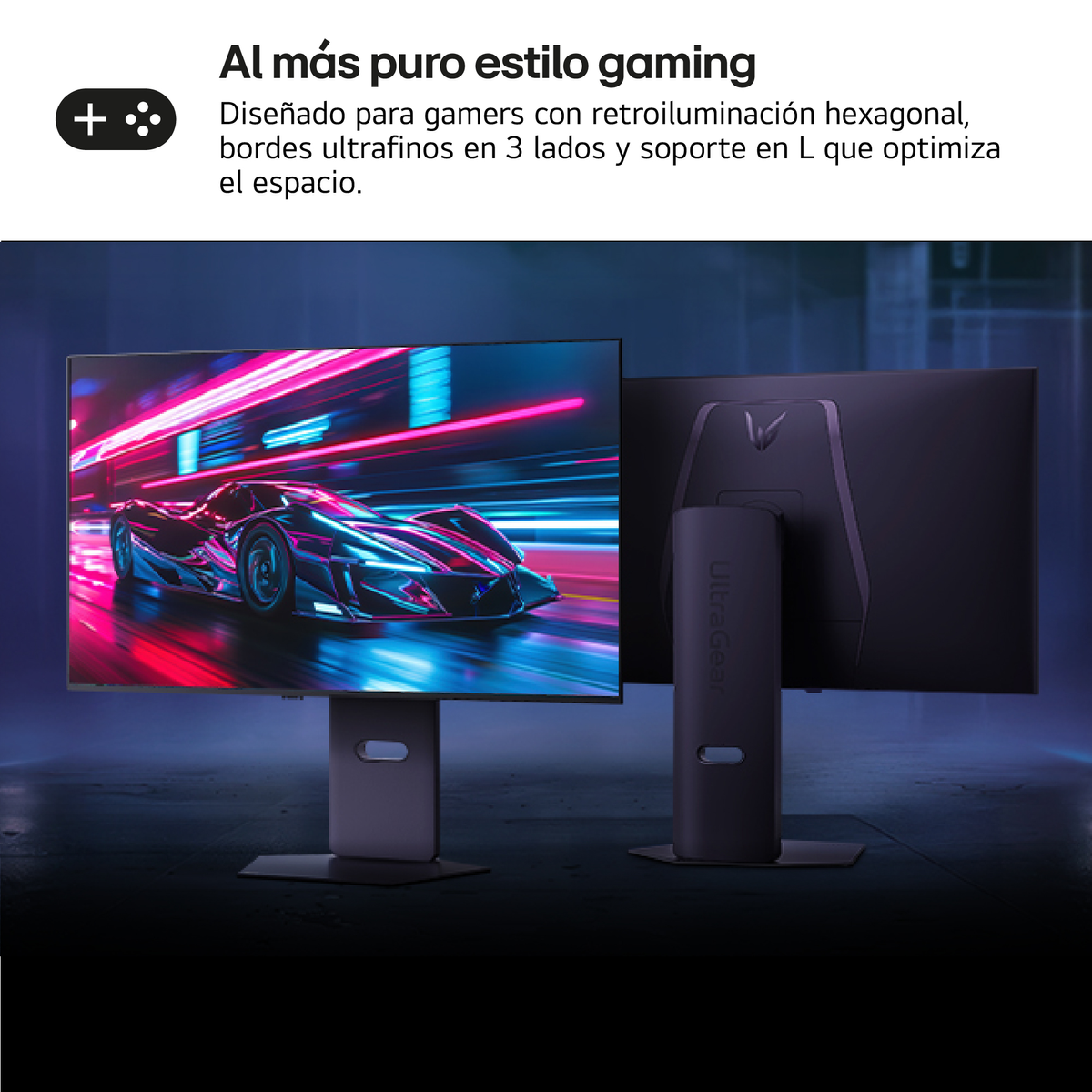 Dwa monitory do gier wyświetlają samochód wyścigowy. Lewy monitor pokazuje przód, a prawy tył. Oba mają ciemne stojaki.