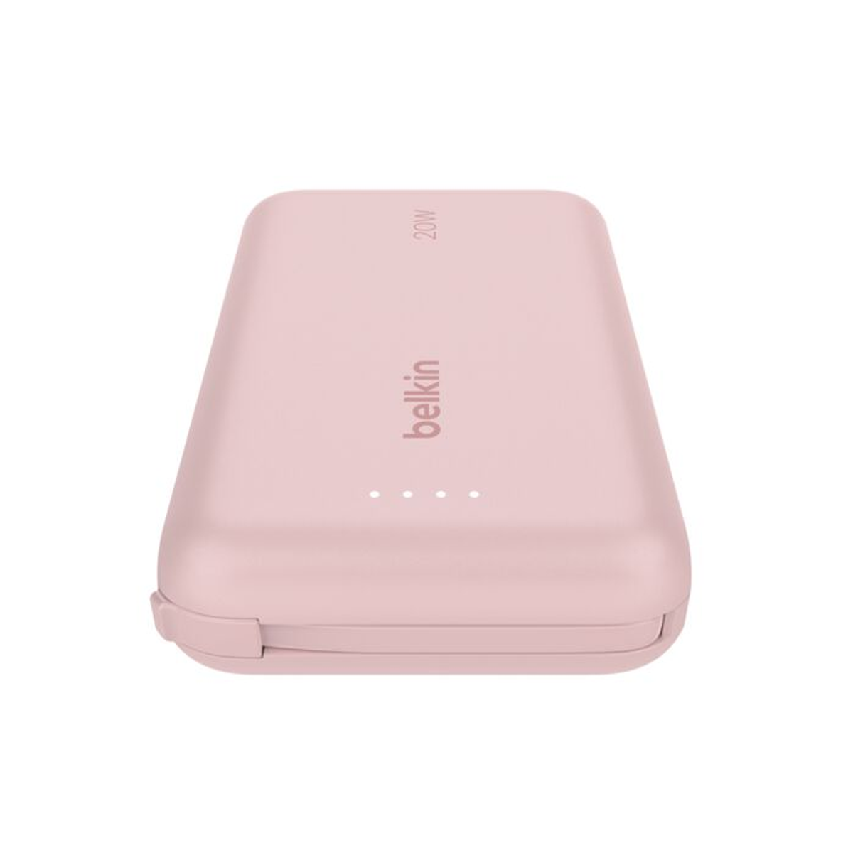 Une batterie externe Belkin rose. Elle comporte le logo Belkin, texte 20W et quatre voyants. Le fond est blanc.