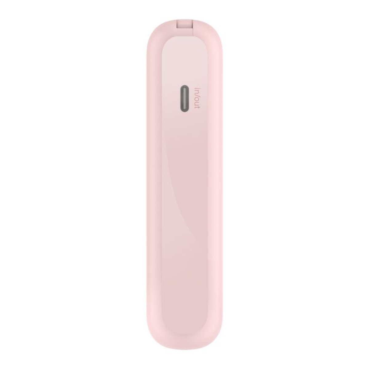 Un appareil rectangulaire rose clair aux bords arrondis. Il possède un port de charge étiqueté 'Entrée/Sortie' et une petite ouverture en haut.