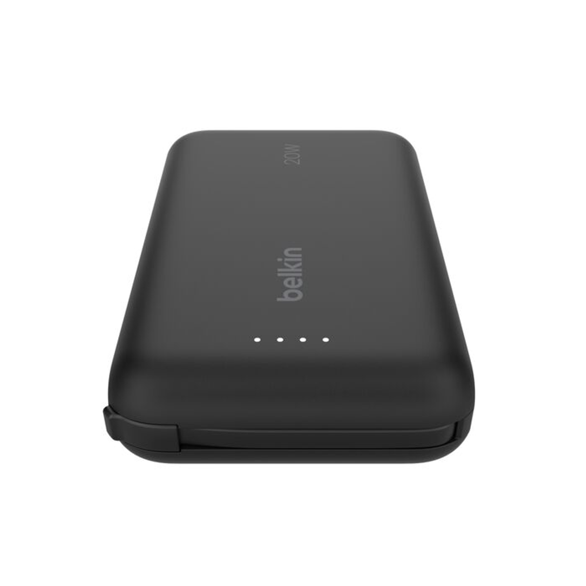 Un power bank Belkin nero con tre spie bianche e 20W stampato sulla superficie.
