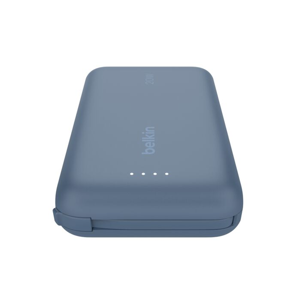 Une batterie externe Belkin 20W bleue. Elle a un bouton d'alimentation, quatre voyants et le logo Belkin.