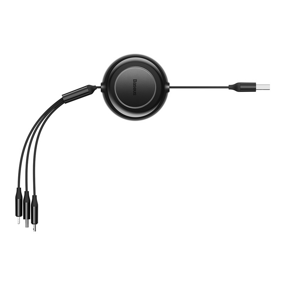 Schwarzes, einziehbares Baseus-Ladekabel. Es hat mehrere Ladetipps und einen USB-C-Anschluss auf weißem Hintergrund.
