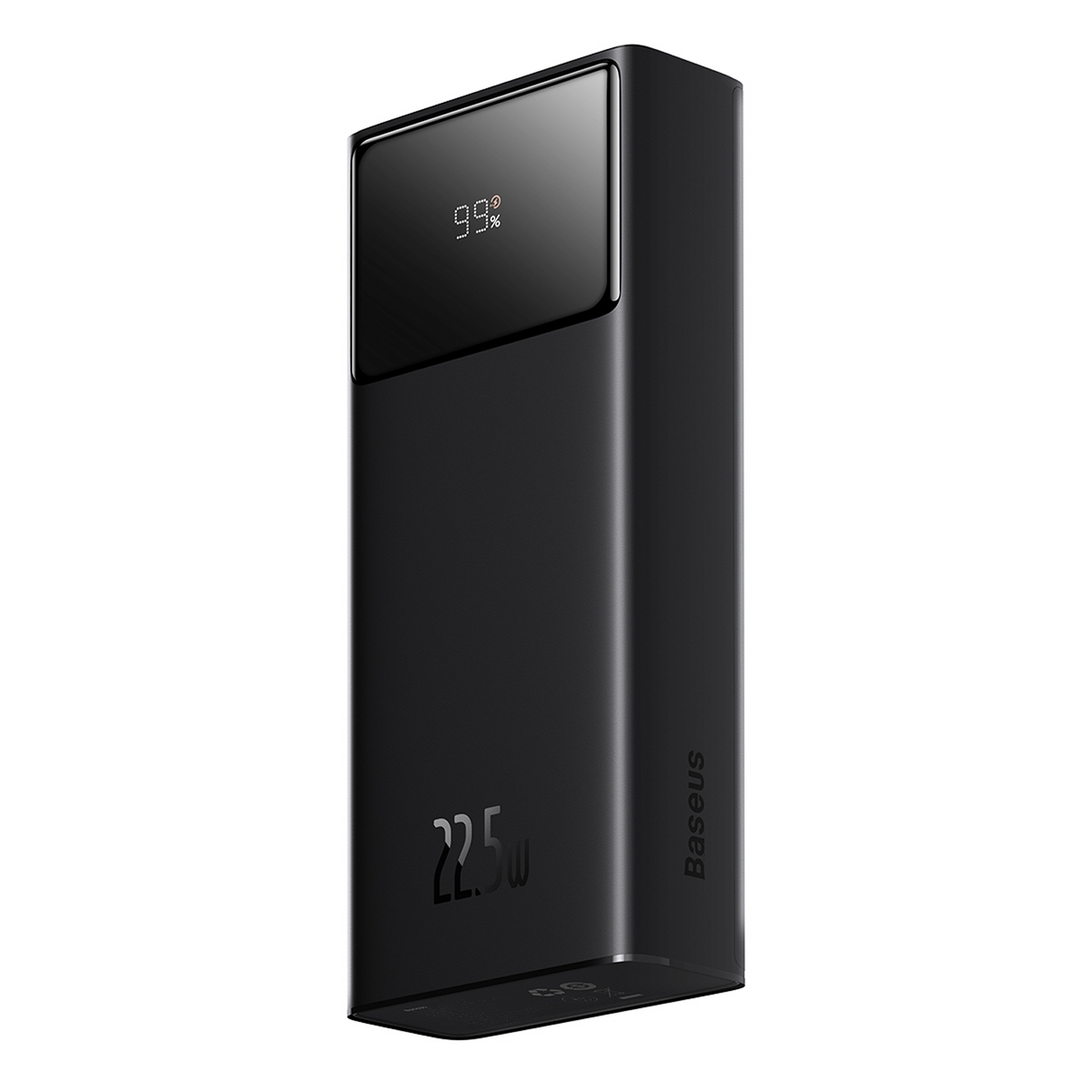 Power bank Baseus nero. Visualizza il 99% di carica e 22,5 W. Il power bank è rettangolare con angoli arrotondati.
